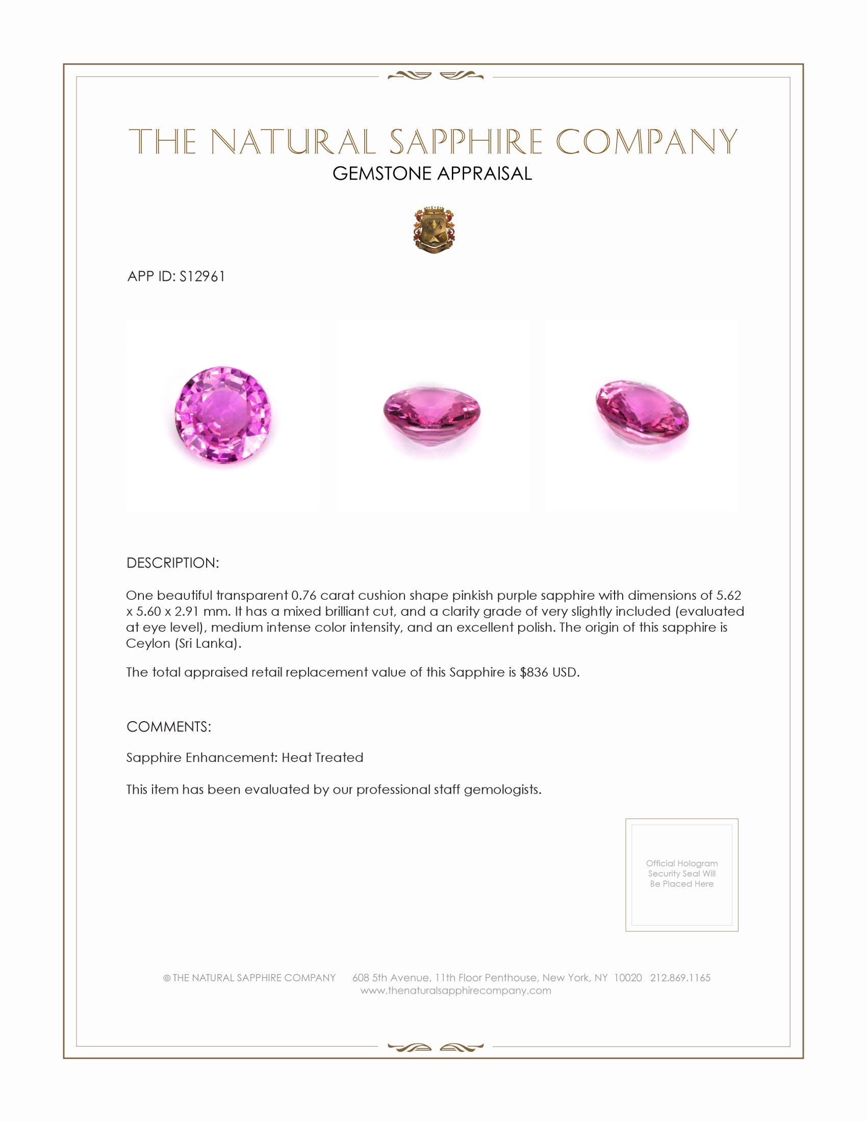 0.76 Ct. Pinkish Purple Sapphire from Ceylon (Sri Lanka)