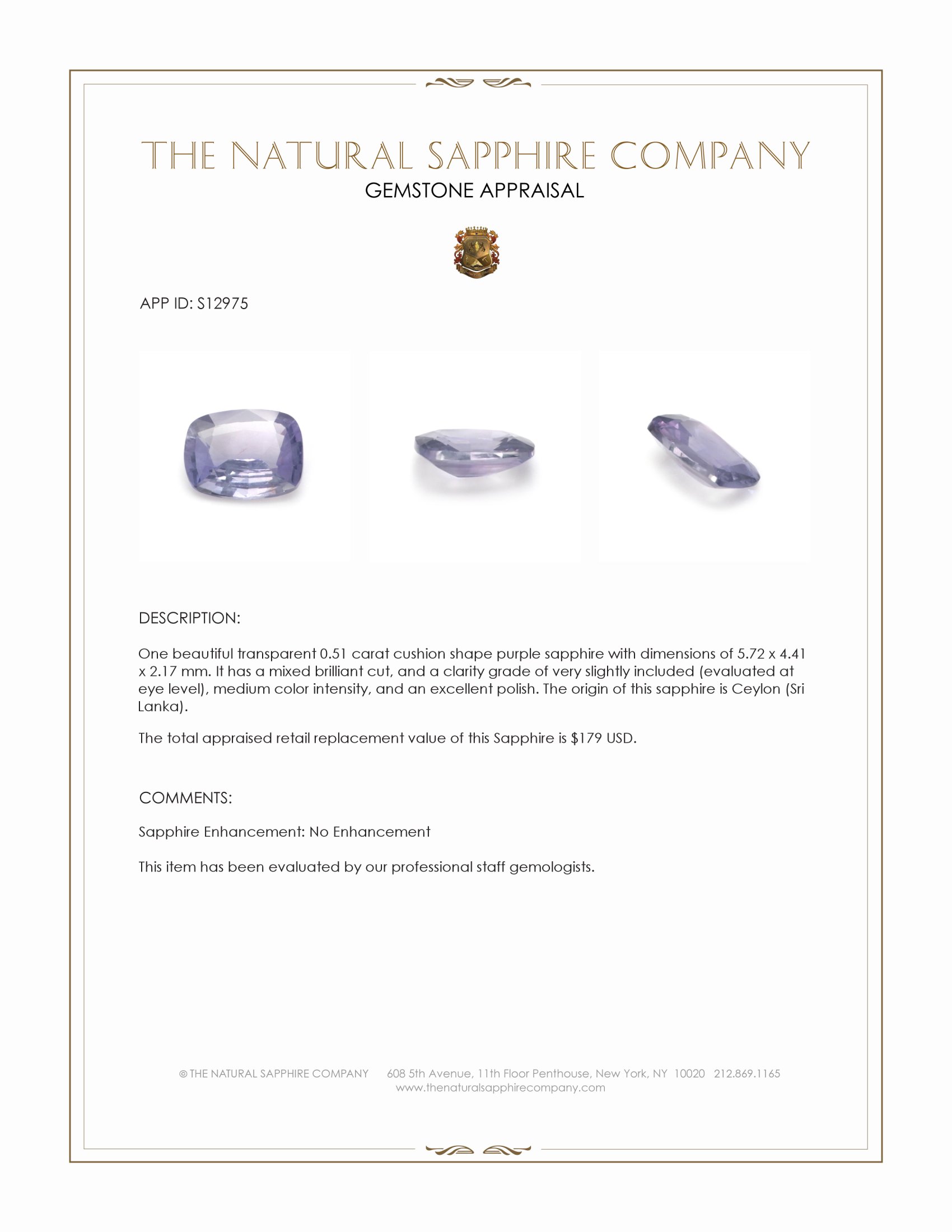 0.51 Ct. Purple Sapphire from Ceylon (Sri Lanka)