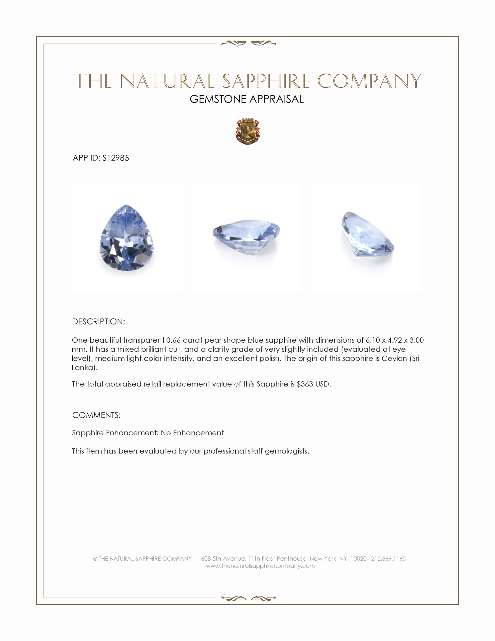 0.66 Ct. Blue Sapphire from Ceylon (Sri Lanka)