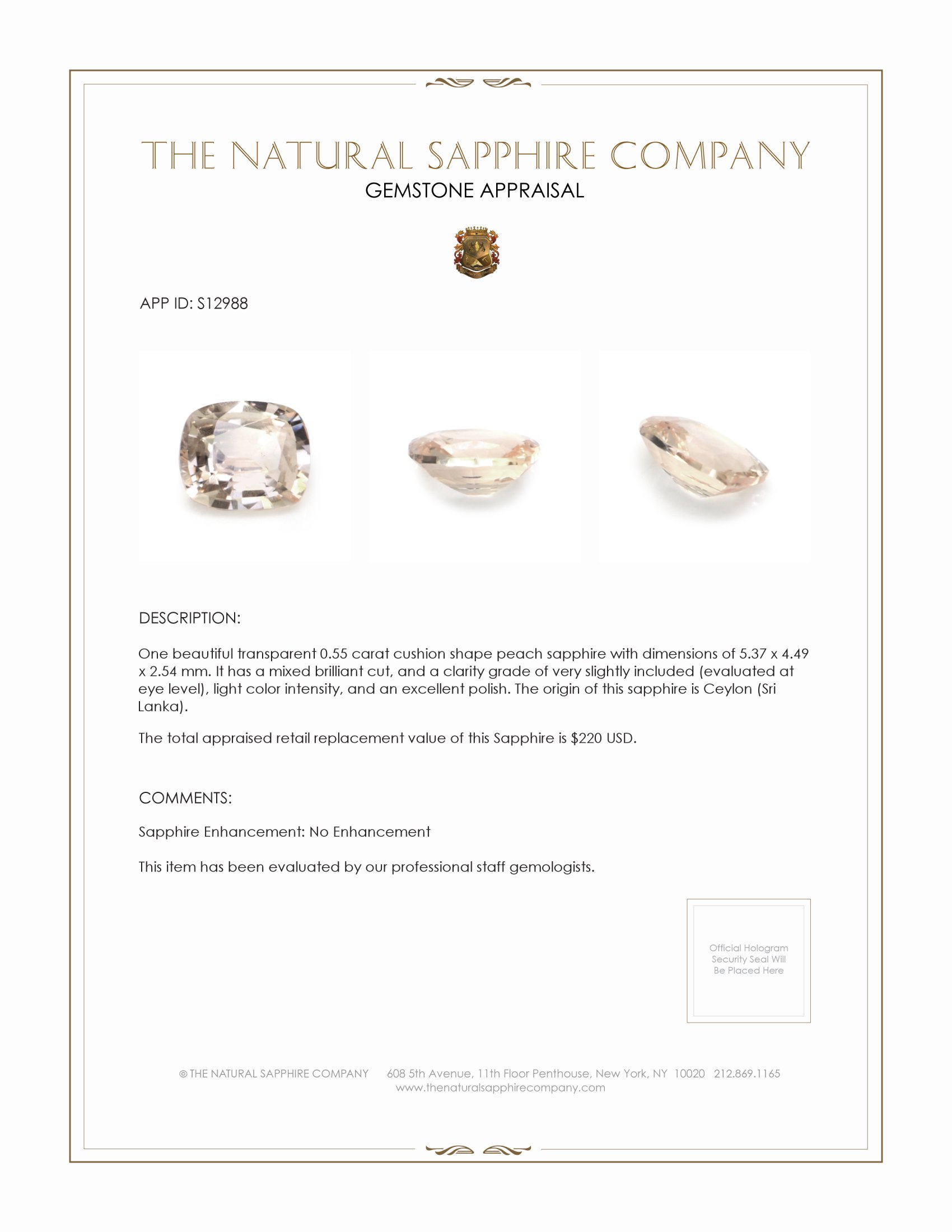 0.55 Ct. Peach Sapphire from Ceylon (Sri Lanka)