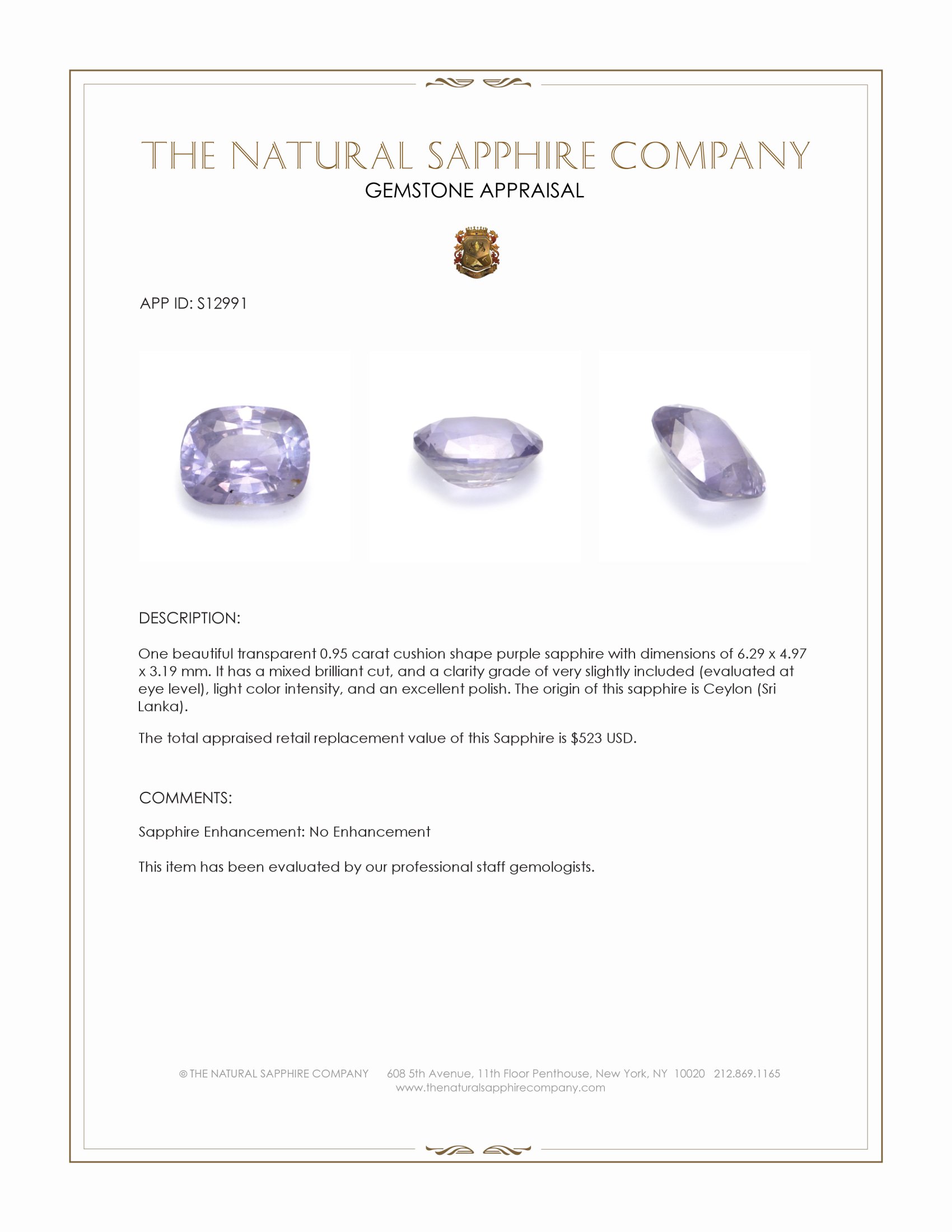 0.95 Ct. Purple Sapphire from Ceylon (Sri Lanka)