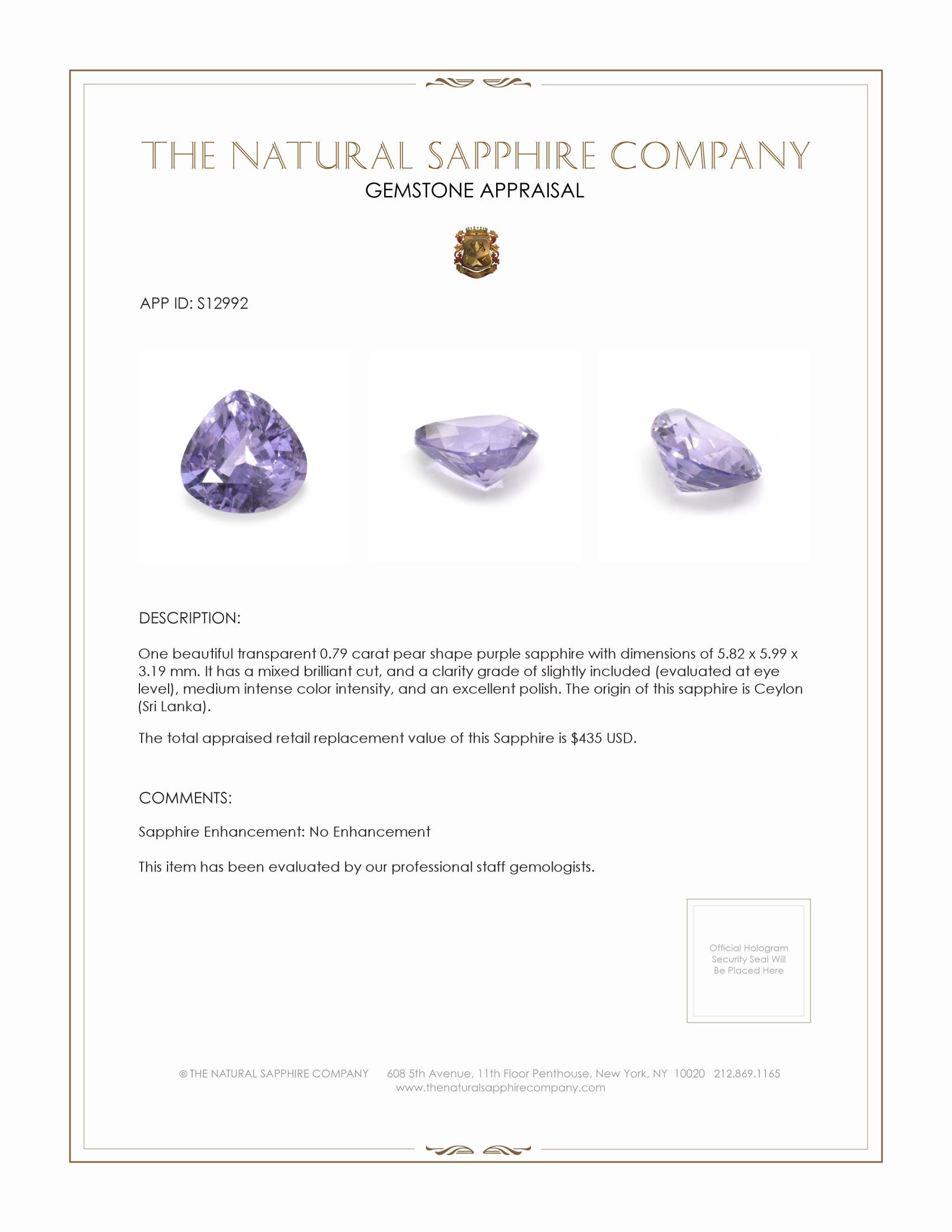 0.79 Ct. Purple Sapphire from Ceylon (Sri Lanka)