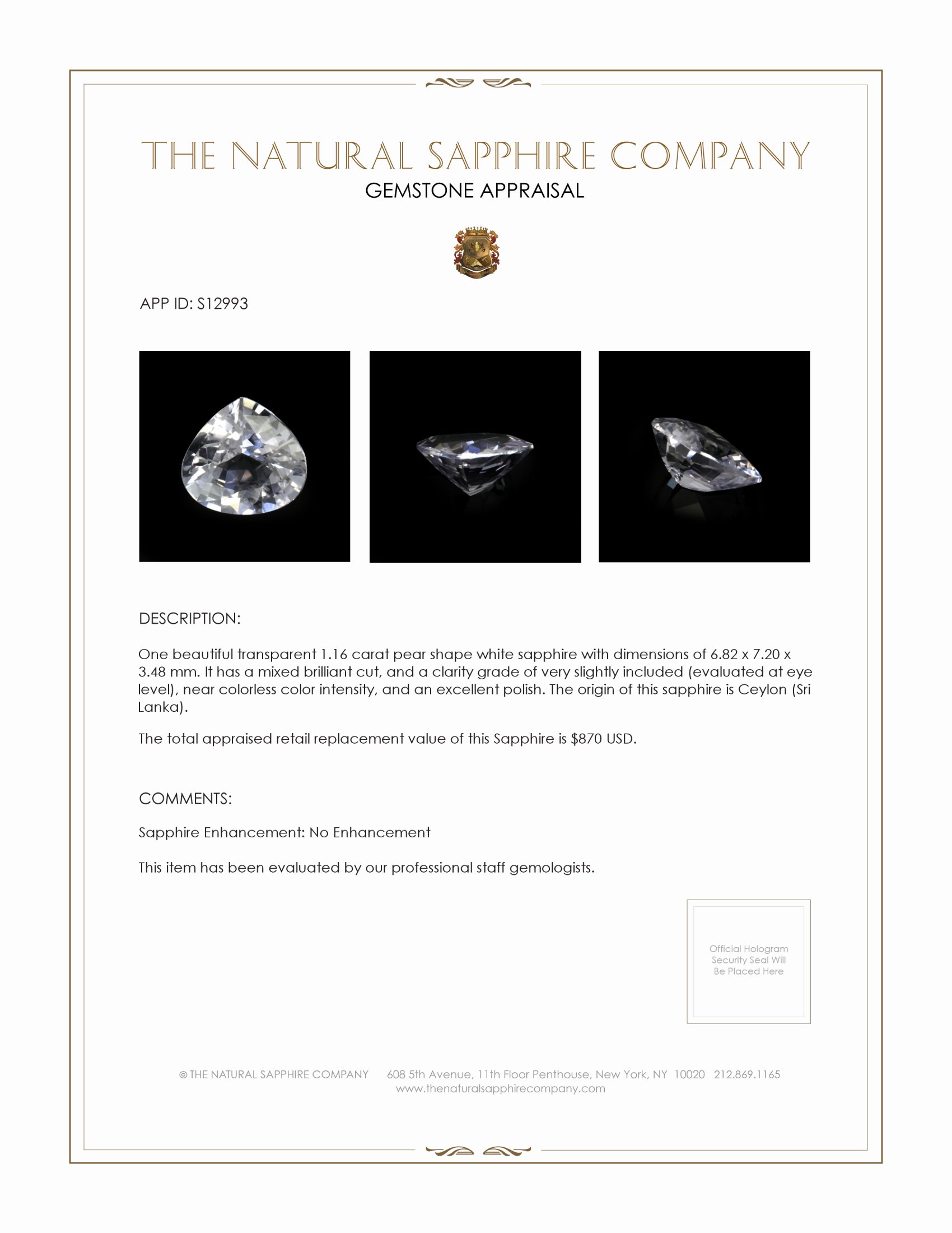 1.16 Ct. White Sapphire from Ceylon (Sri Lanka)
