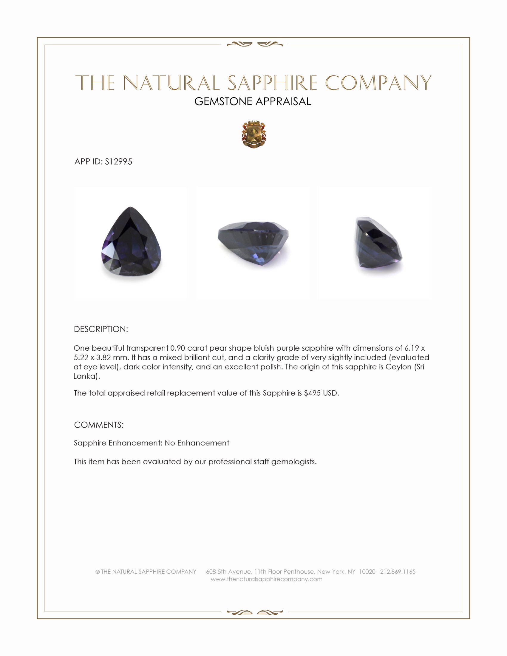 0.90 Ct. Bluish Purple Sapphire from Ceylon (Sri Lanka)