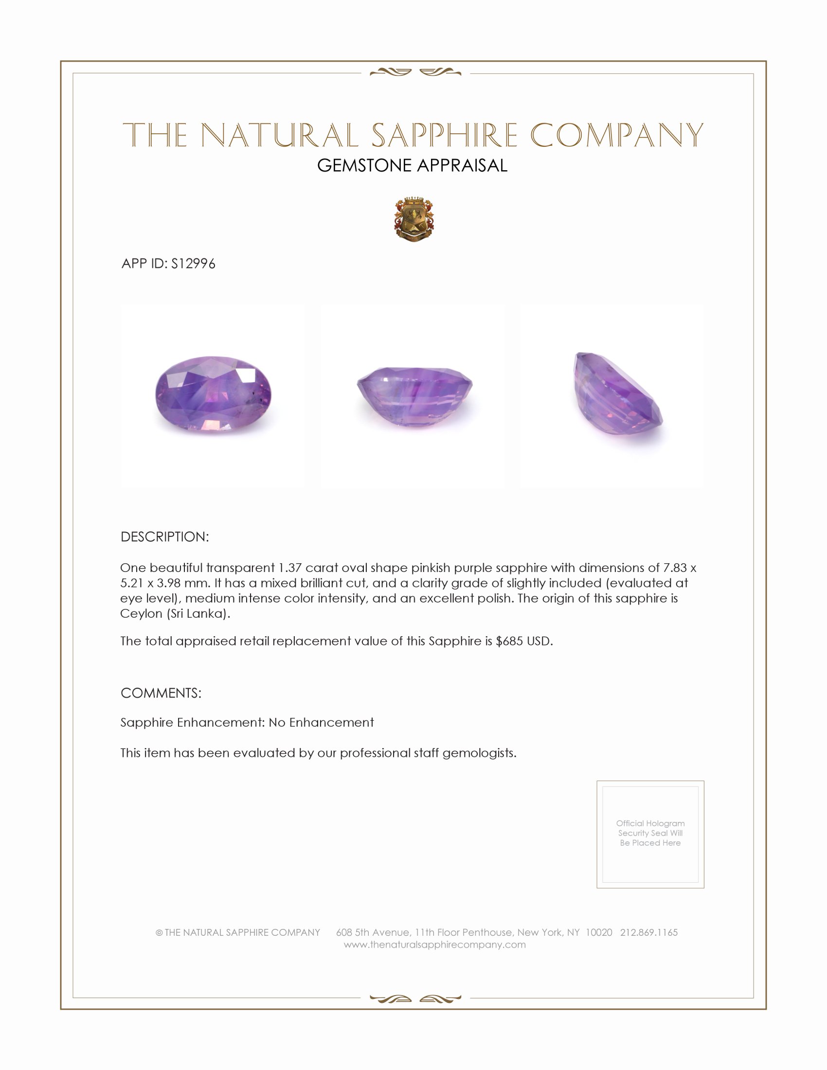 1.37 Ct. Pinkish Purple Sapphire from Ceylon (Sri Lanka)