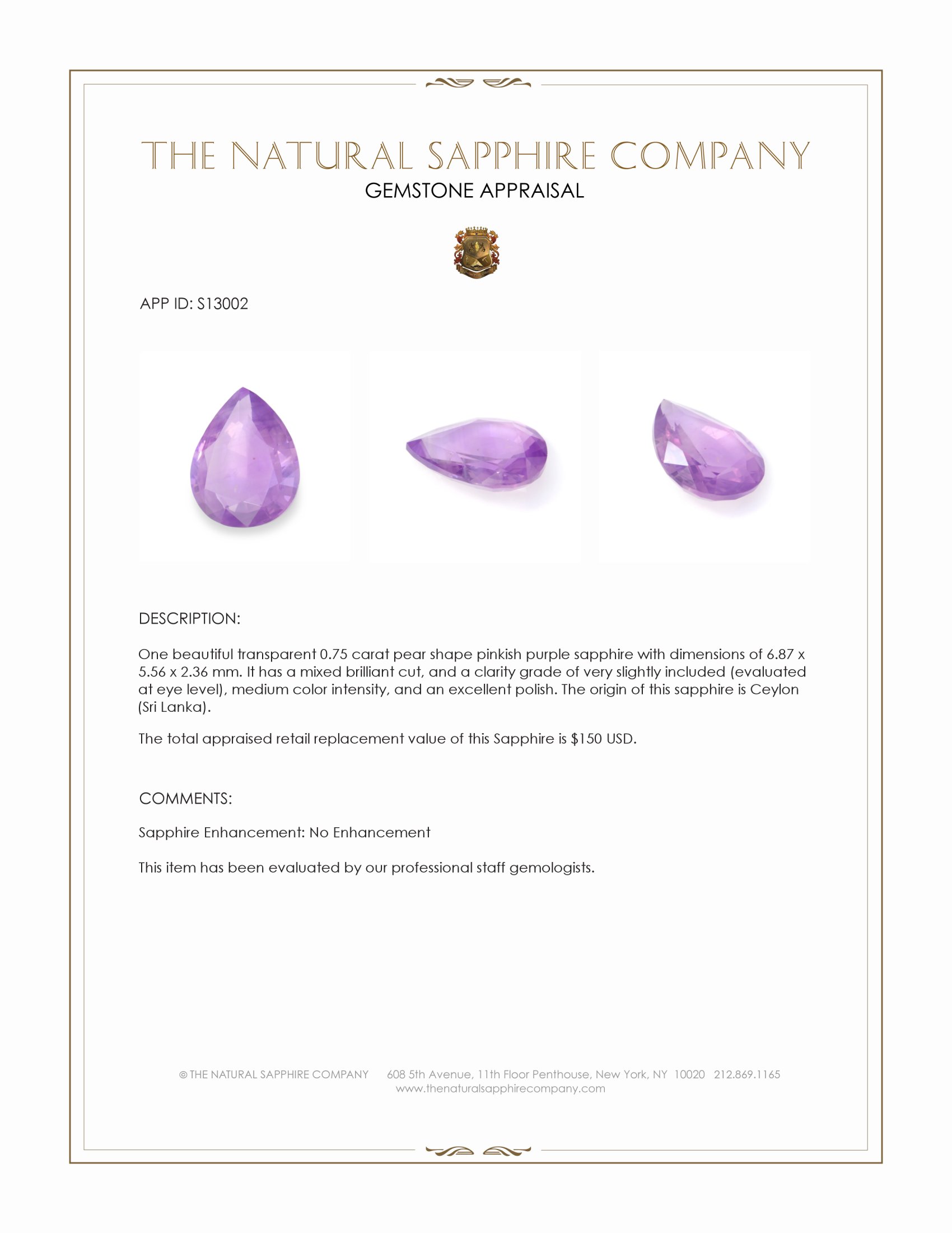 0.75 Ct. Pinkish Purple Sapphire from Ceylon (Sri Lanka)