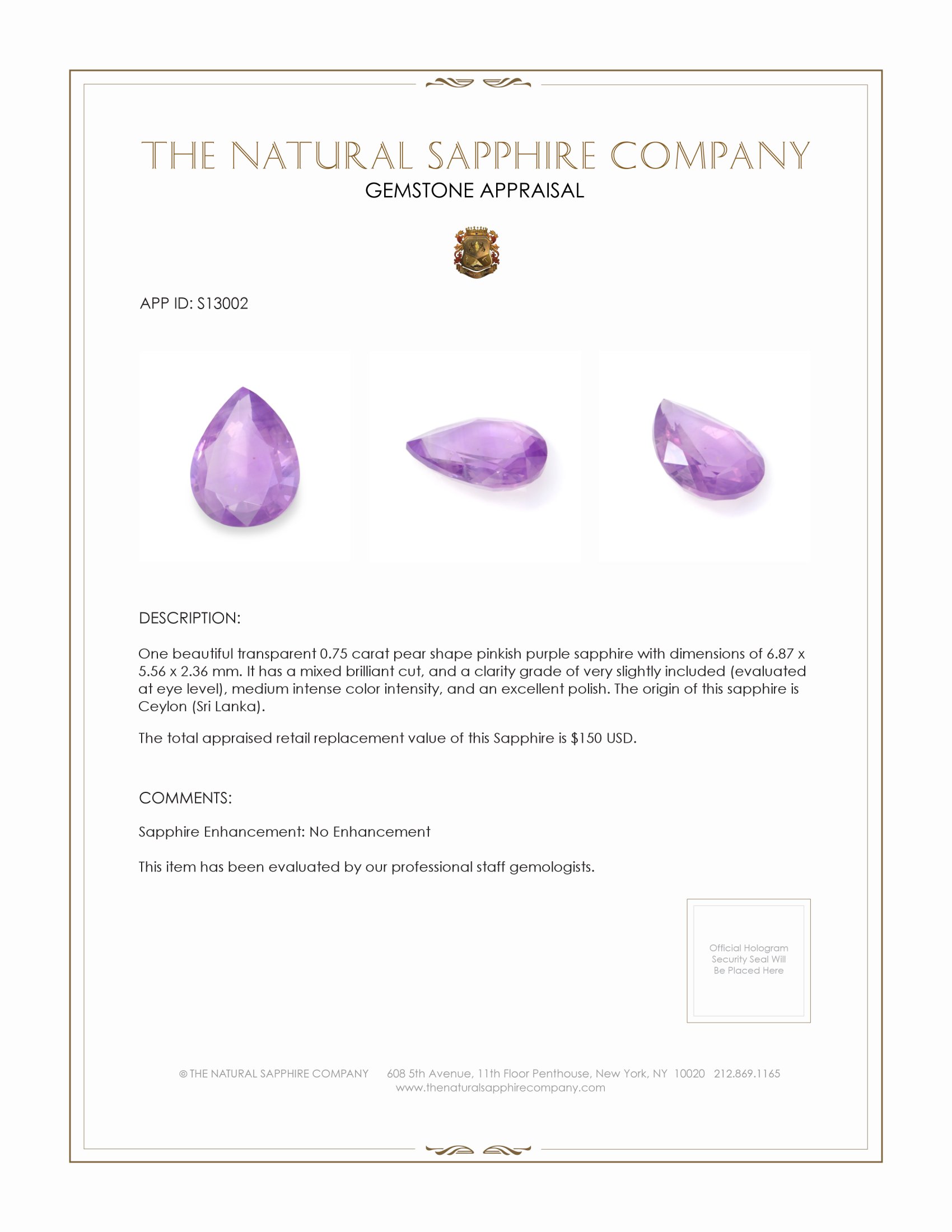 0.75 Ct. Pinkish Purple Sapphire from Ceylon (Sri Lanka)