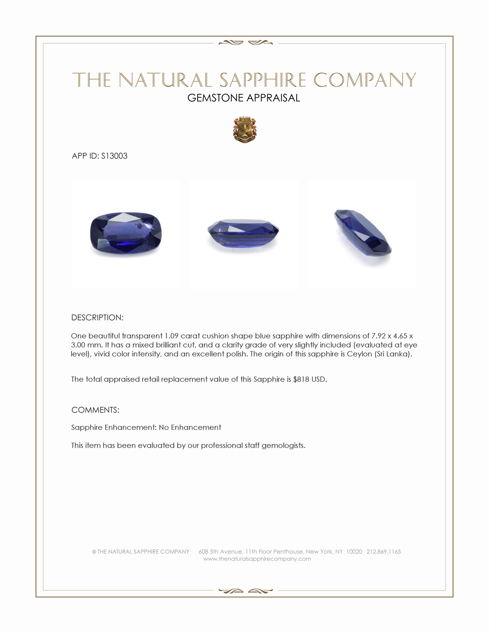 1.09 Ct. Blue Sapphire from Ceylon (Sri Lanka)
