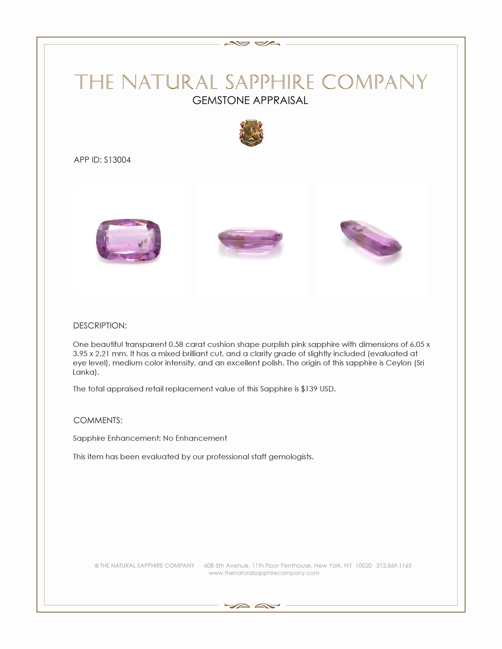 0.58 Ct. Purplish Pink Sapphire from Ceylon (Sri Lanka)
