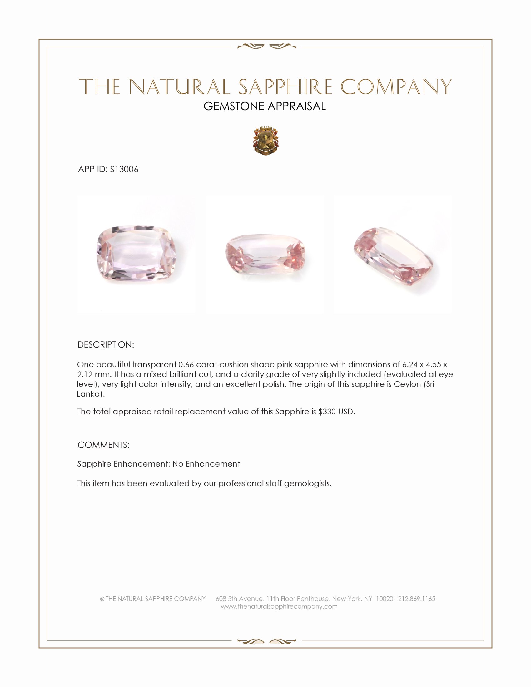 0.66 Ct. Pink Sapphire from Ceylon (Sri Lanka)