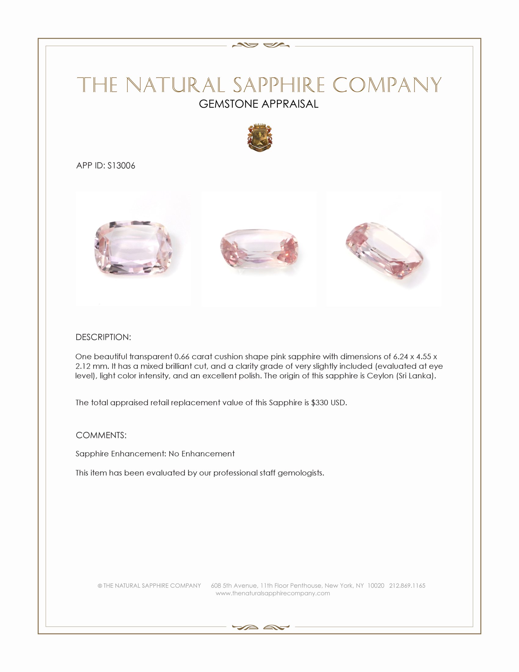 0.66 Ct. Pink Sapphire from Ceylon (Sri Lanka)