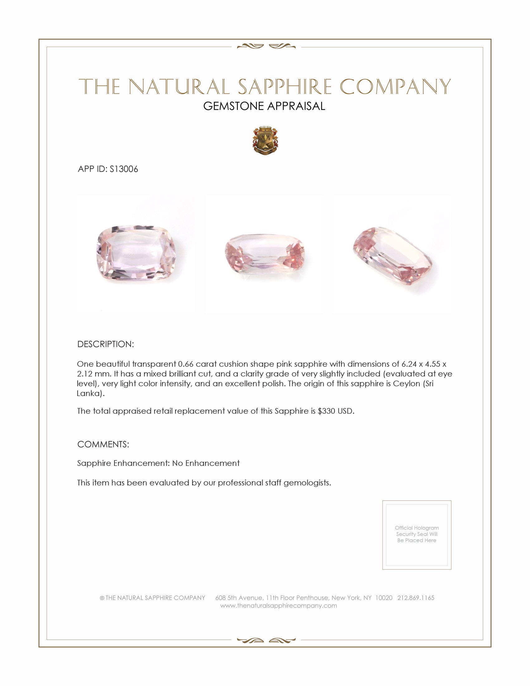 0.66 Ct. Pink Sapphire from Ceylon (Sri Lanka)