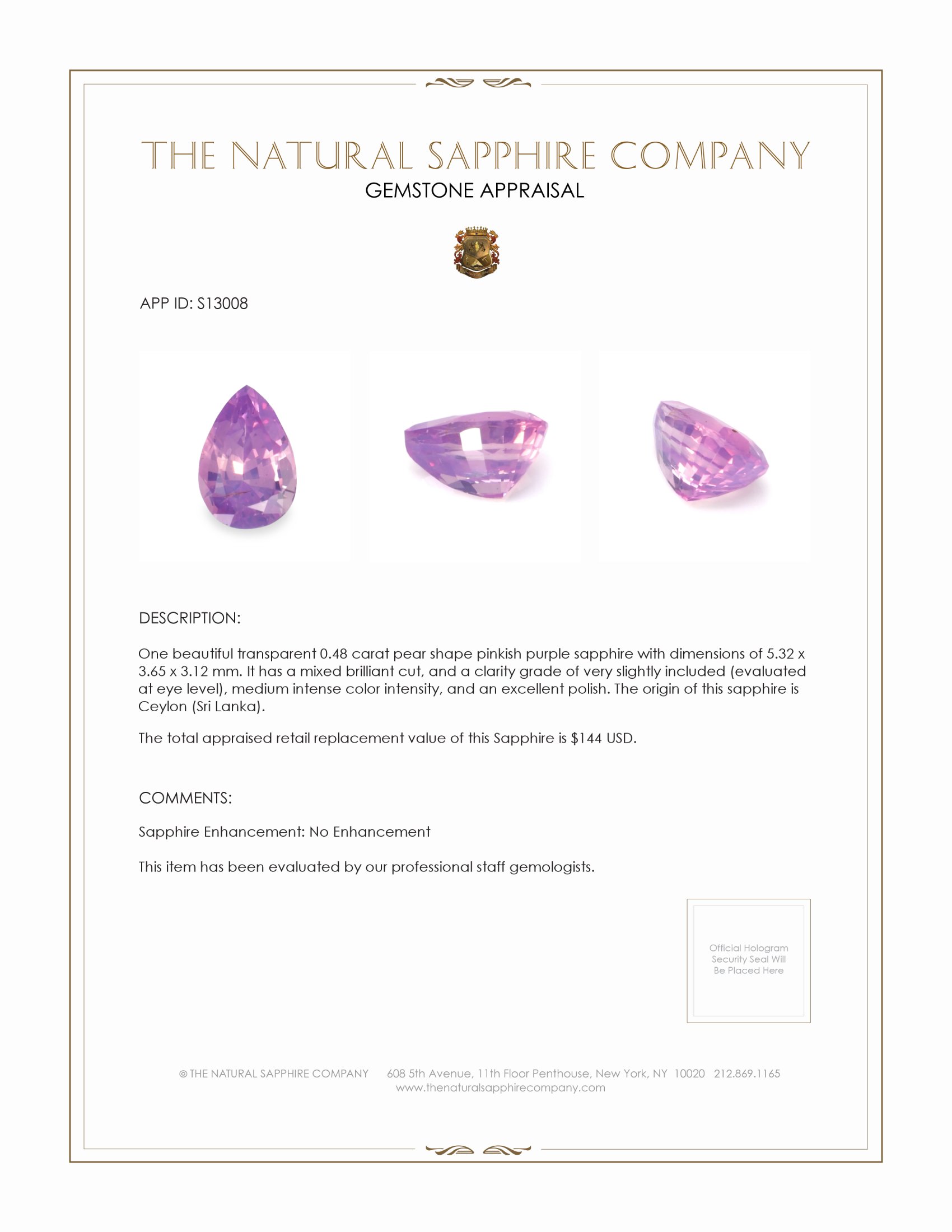 0.48 Ct. Pinkish Purple Sapphire from Ceylon (Sri Lanka)