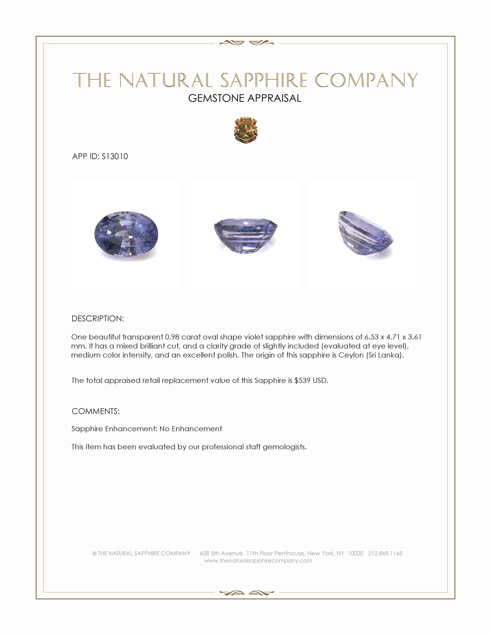 0.98 Ct. Violet Sapphire from Ceylon (Sri Lanka)