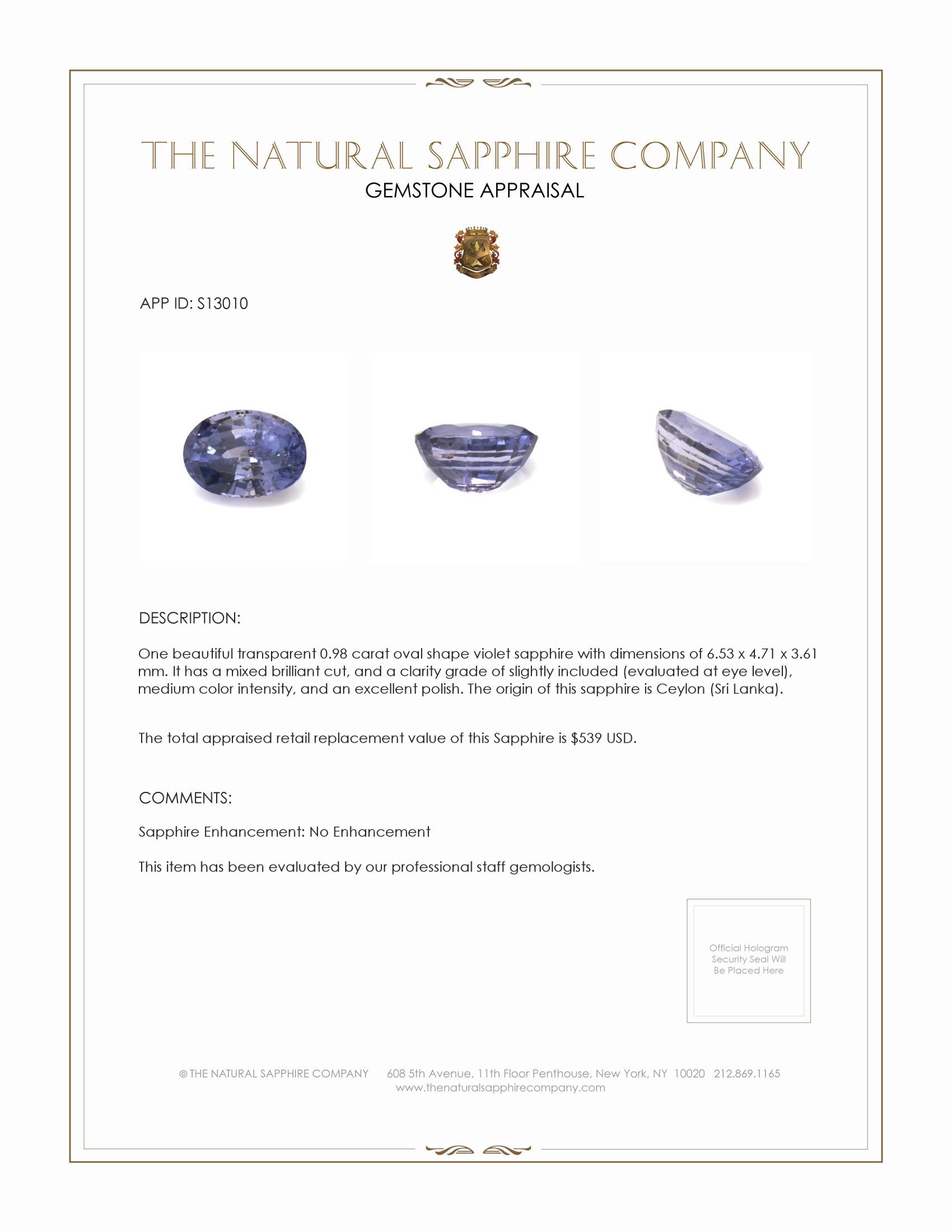 0.98 Ct. Violet Sapphire from Ceylon (Sri Lanka)