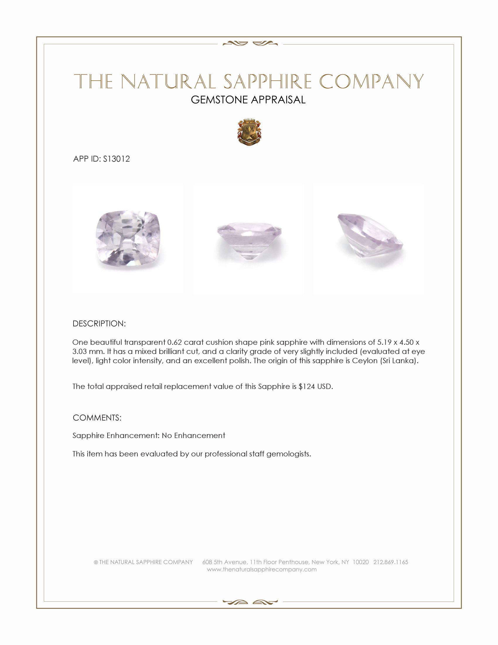 0.62 Ct. Pink Sapphire from Ceylon (Sri Lanka)