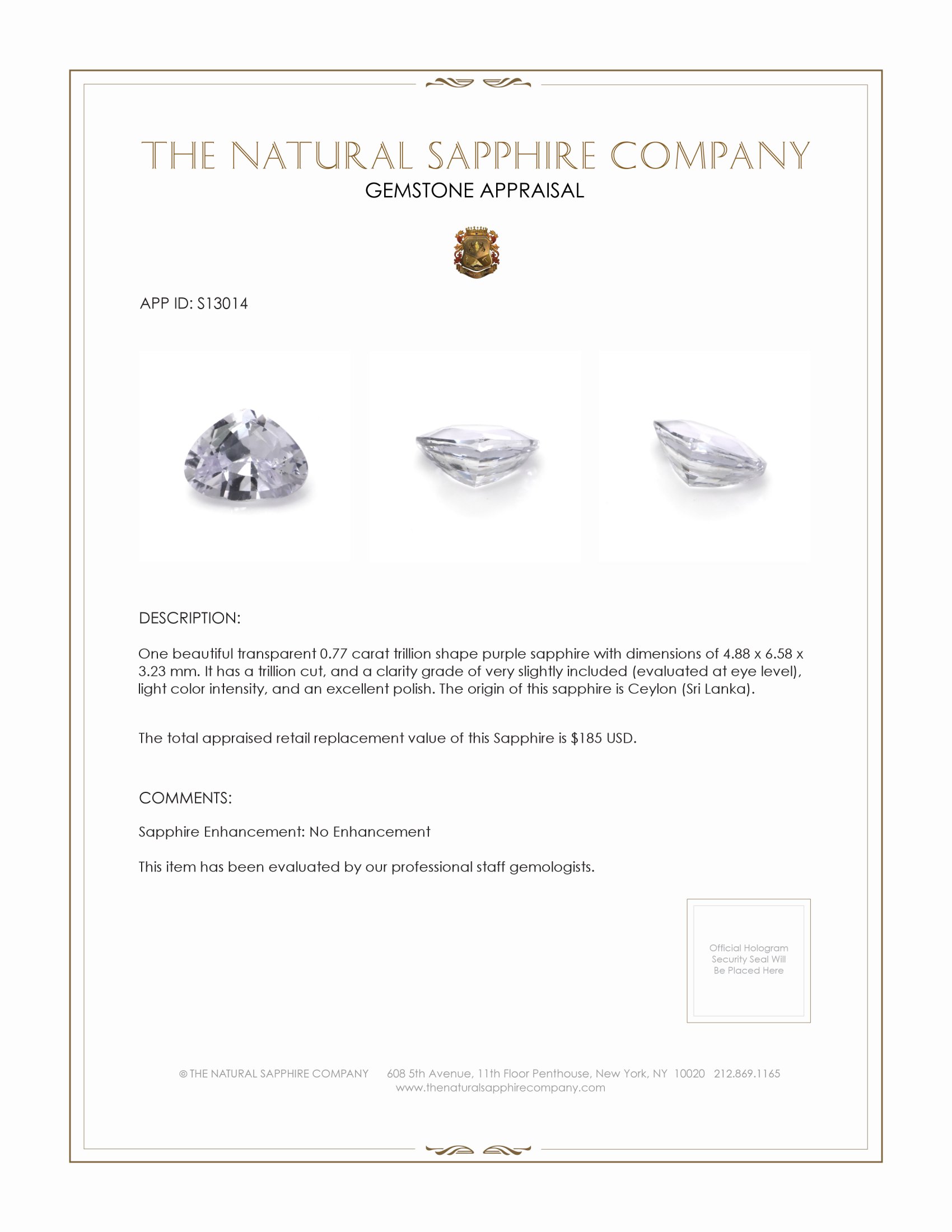 0.77 Ct. Purple Sapphire from Ceylon (Sri Lanka)
