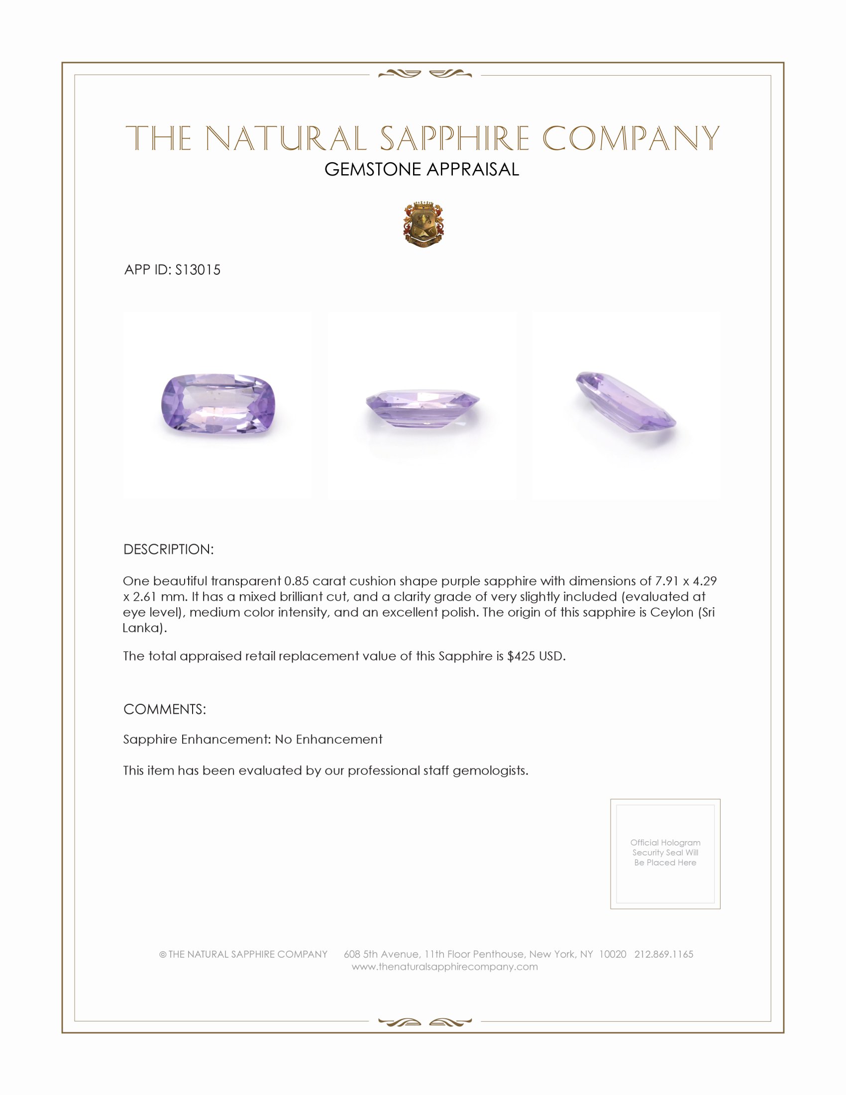 0.85 Ct. Purple Sapphire from Ceylon (Sri Lanka)