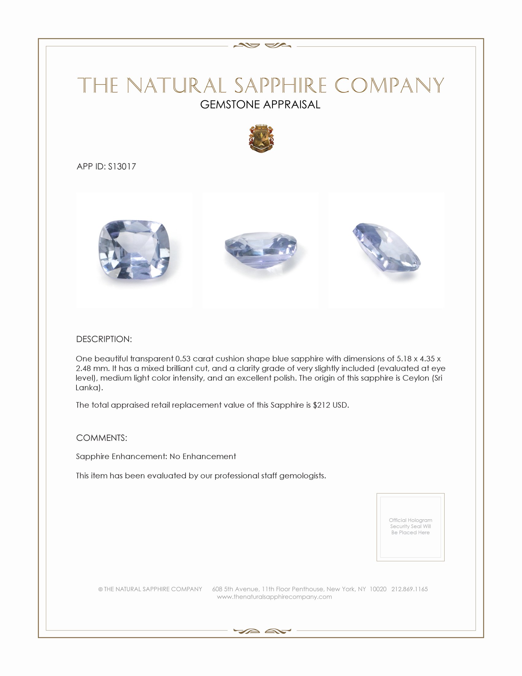 0.53 Ct. Blue Sapphire from Ceylon (Sri Lanka)
