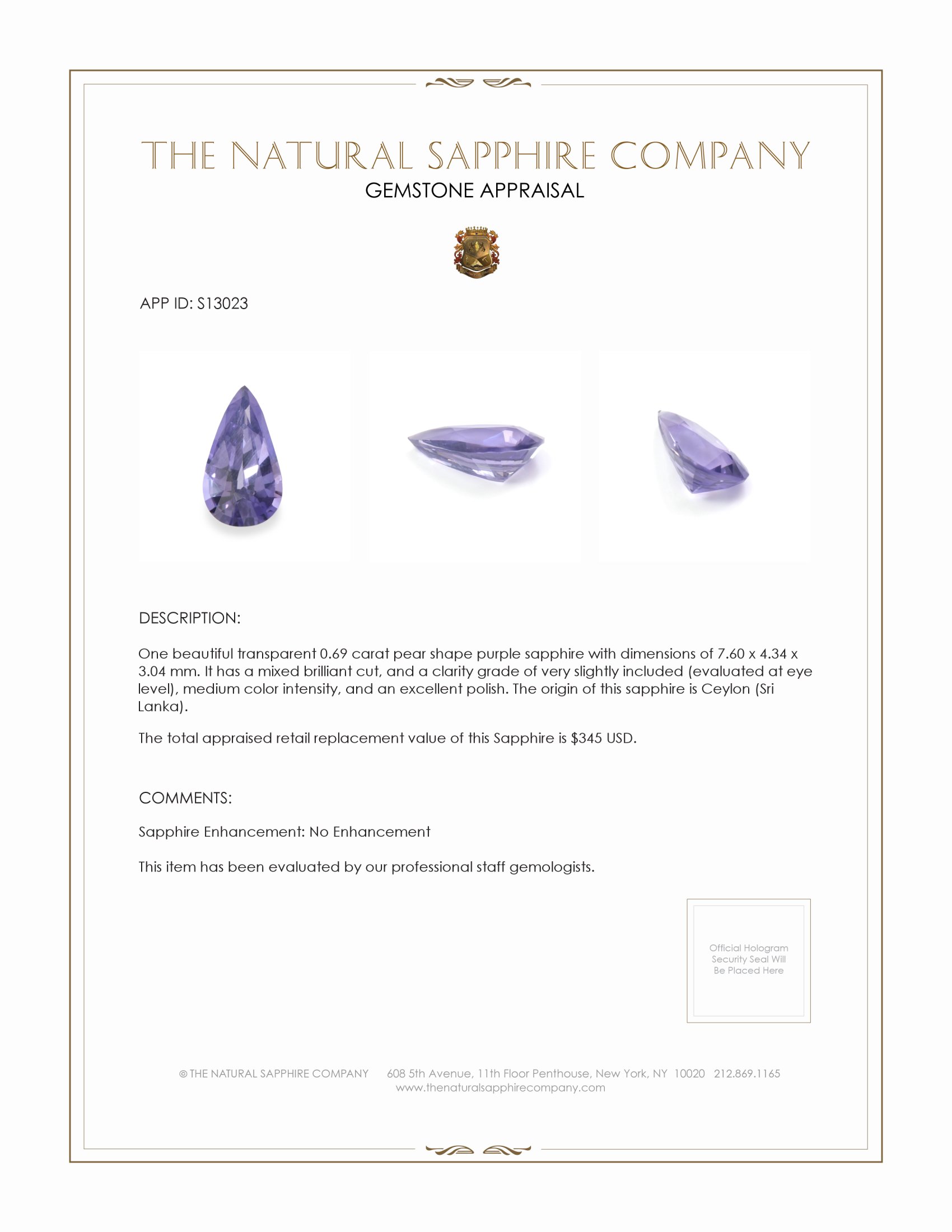 0.69 Ct. Purple Sapphire from Ceylon (Sri Lanka)
