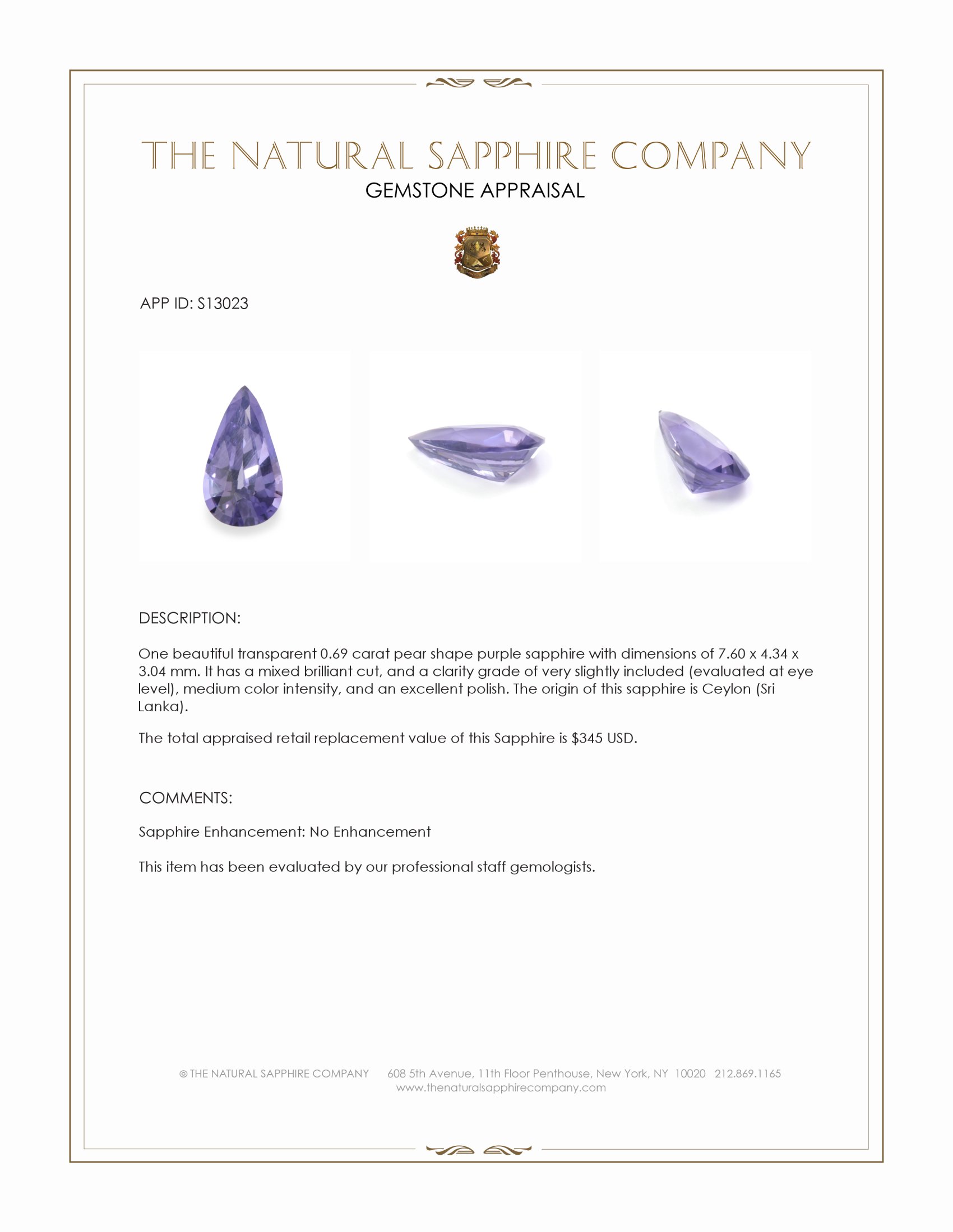 0.69 Ct. Purple Sapphire from Ceylon (Sri Lanka)
