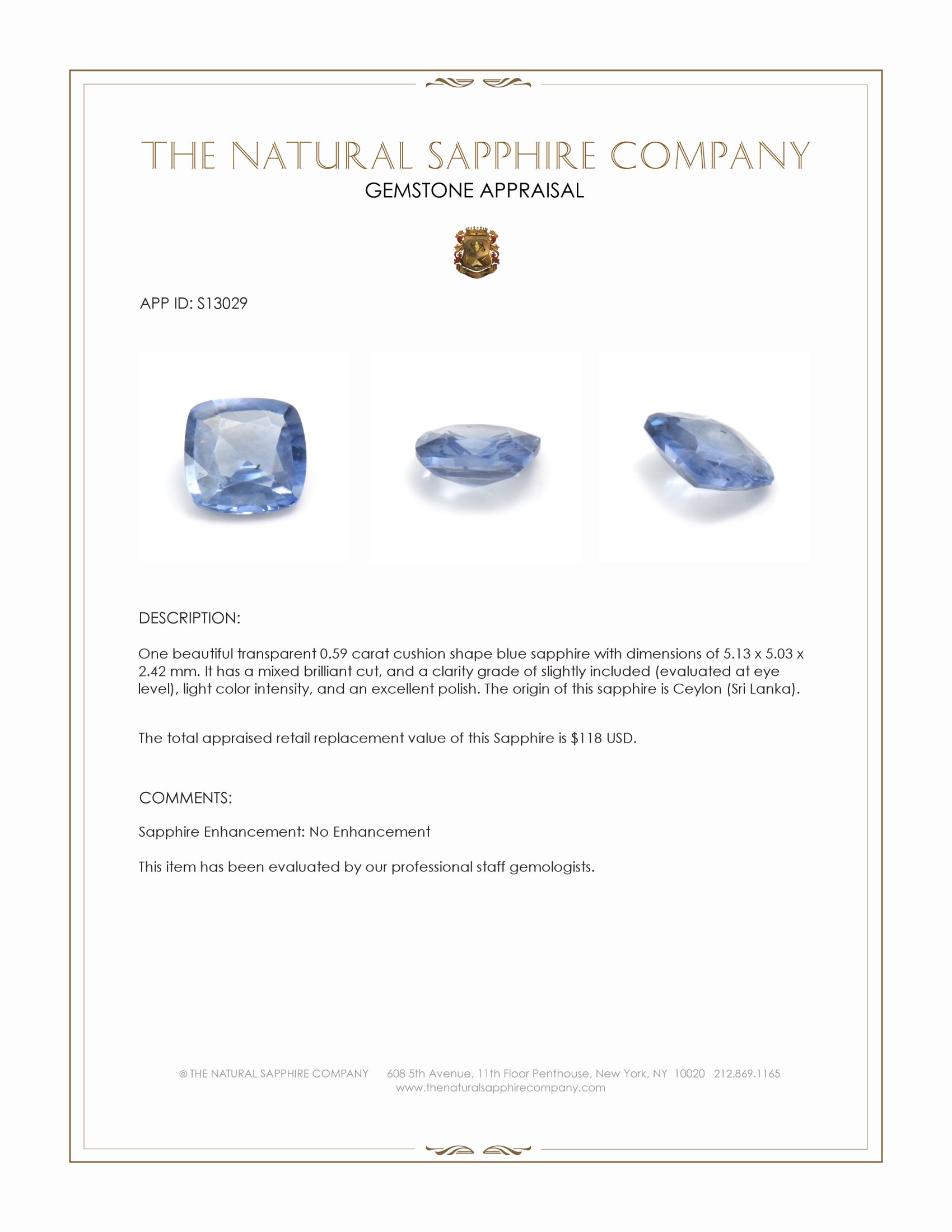 0.59 Ct. Blue Sapphire from Ceylon (Sri Lanka)