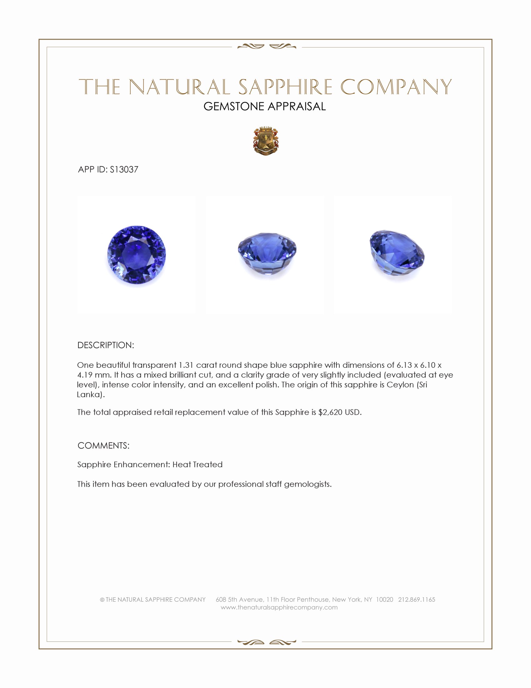 1.31 Ct. Blue Sapphire from Ceylon (Sri Lanka)