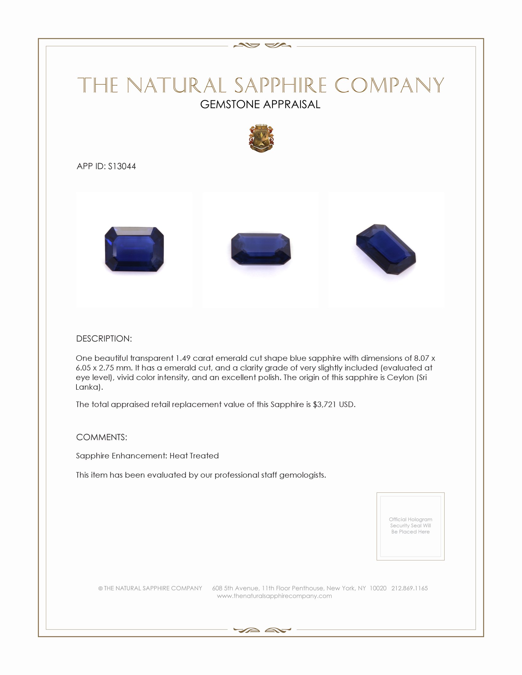 1.49 Ct. Blue Sapphire from Ceylon (Sri Lanka)