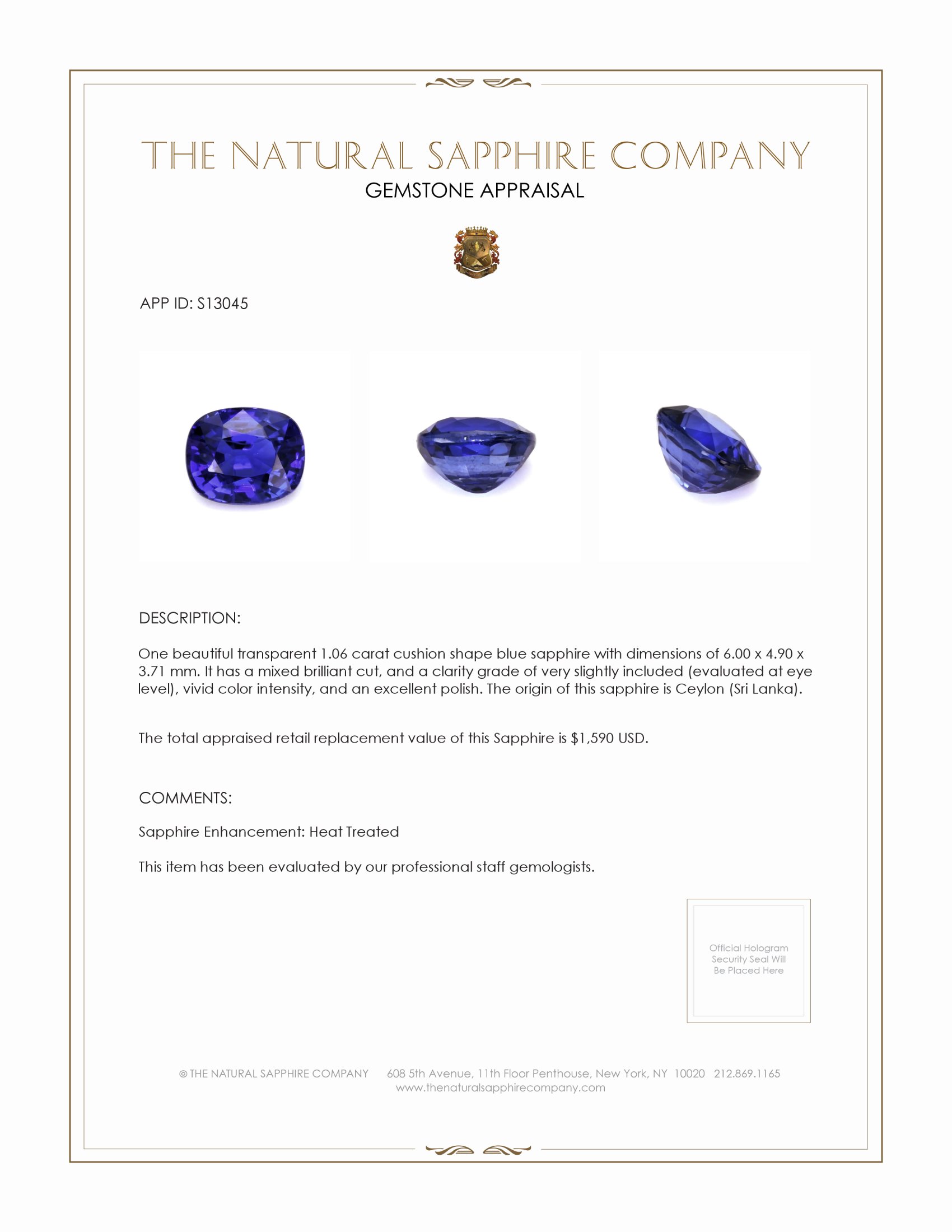 1.06 Ct. Blue Sapphire from Ceylon (Sri Lanka)