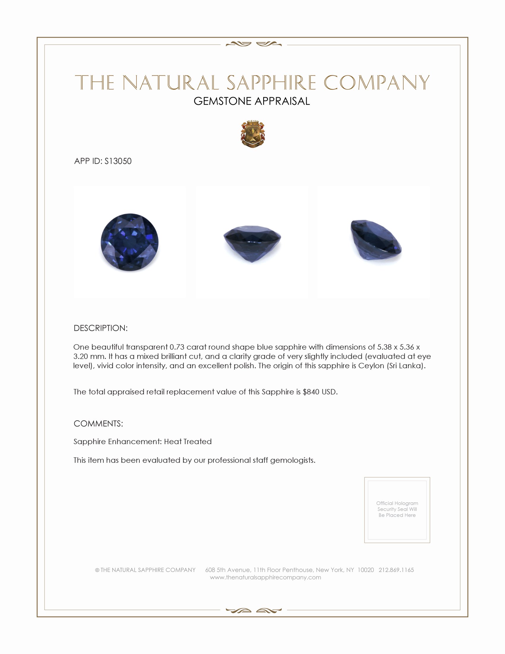 0.73 Ct. Blue Sapphire from Ceylon (Sri Lanka)