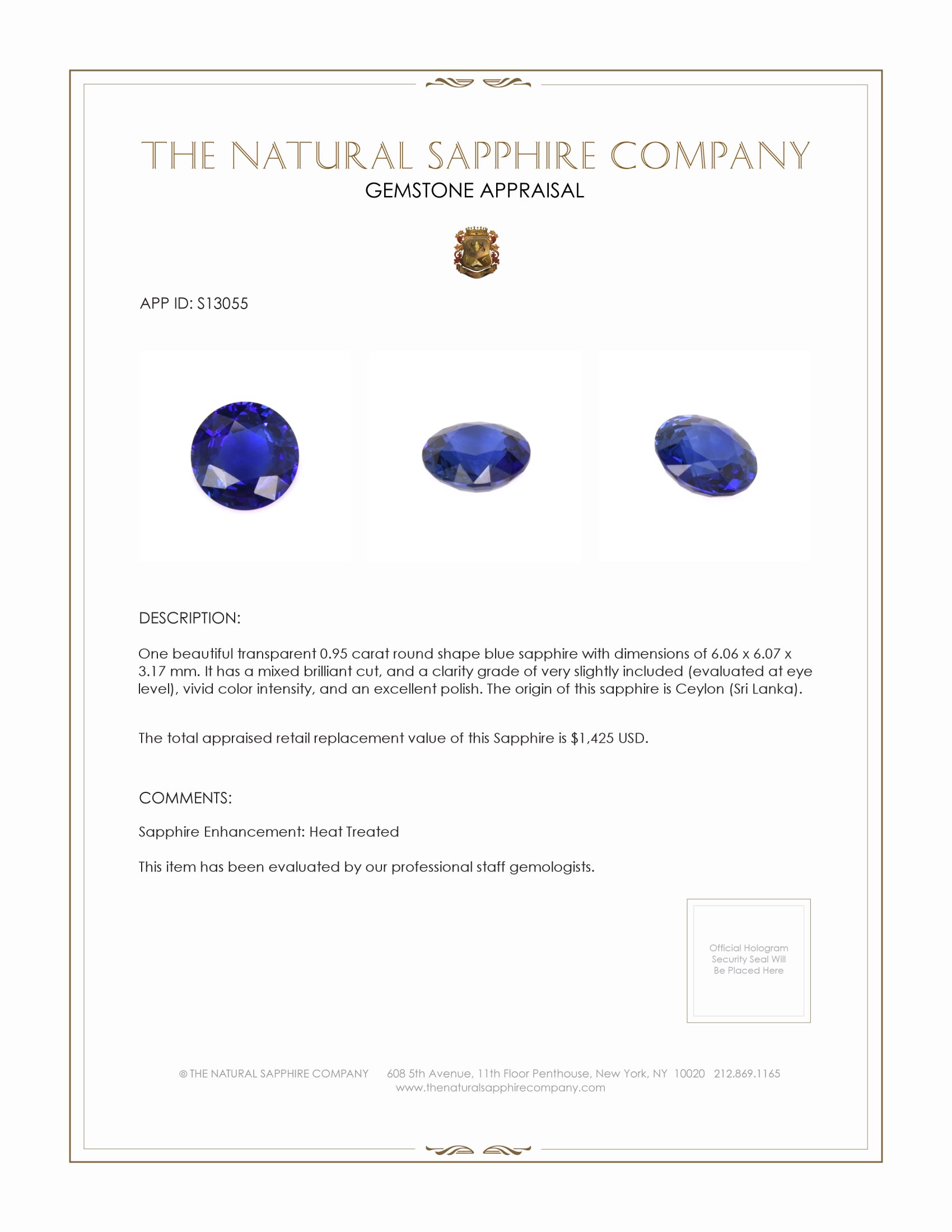 0.95 Ct. Blue Sapphire from Ceylon (Sri Lanka)