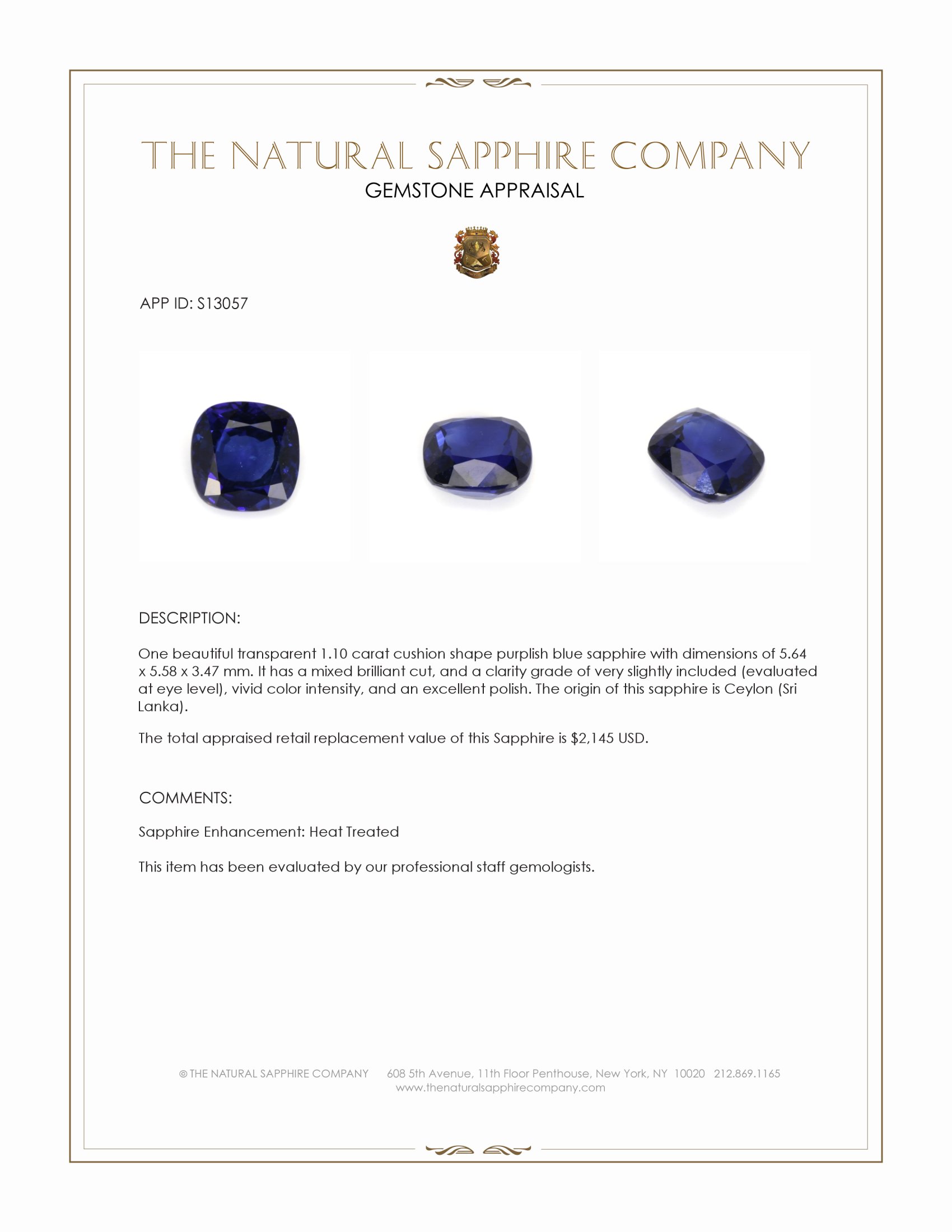 1.10 Ct. Purplish Blue Sapphire from Ceylon (Sri Lanka)