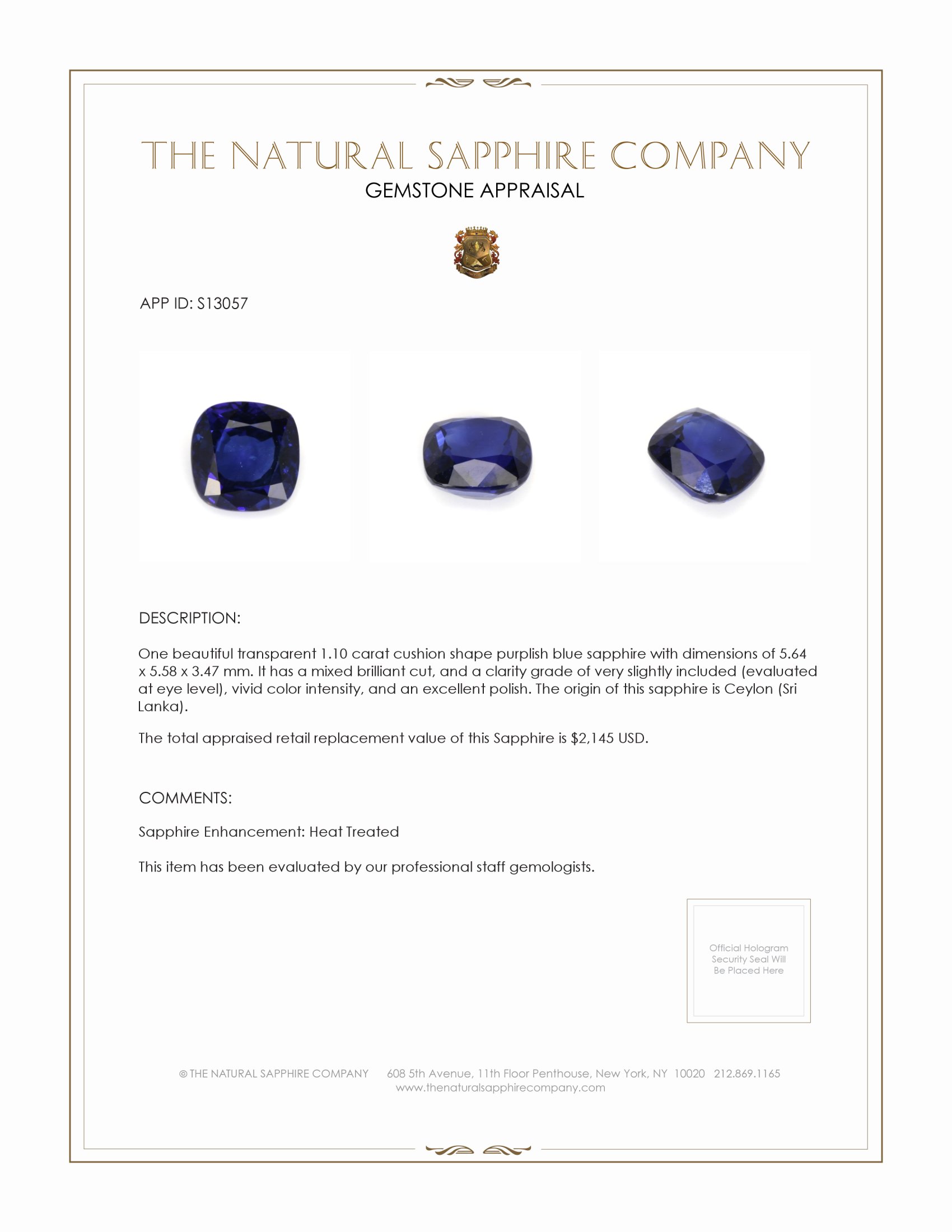 1.10 Ct. Purplish Blue Sapphire from Ceylon (Sri Lanka)