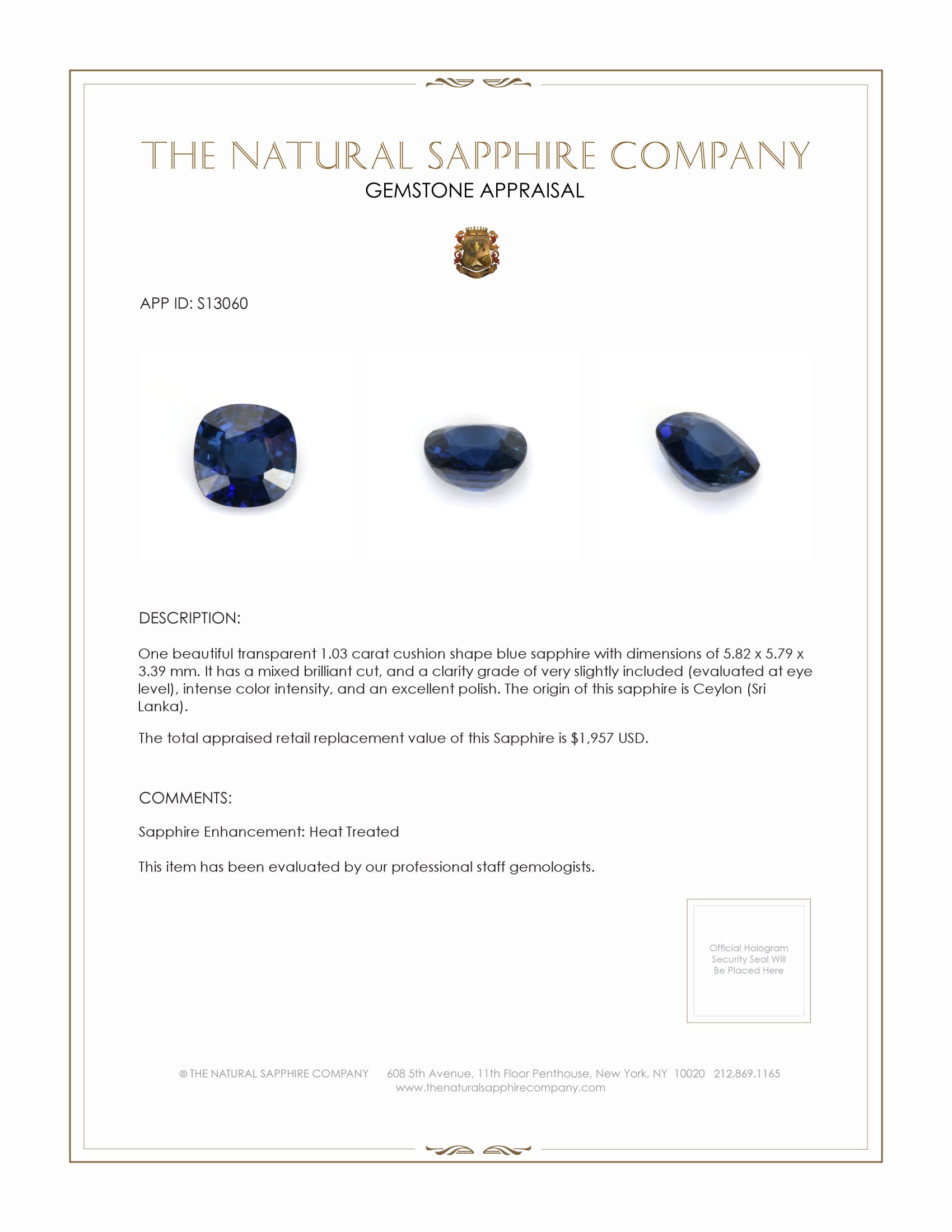 1.03 Ct. Blue Sapphire from Ceylon (Sri Lanka)