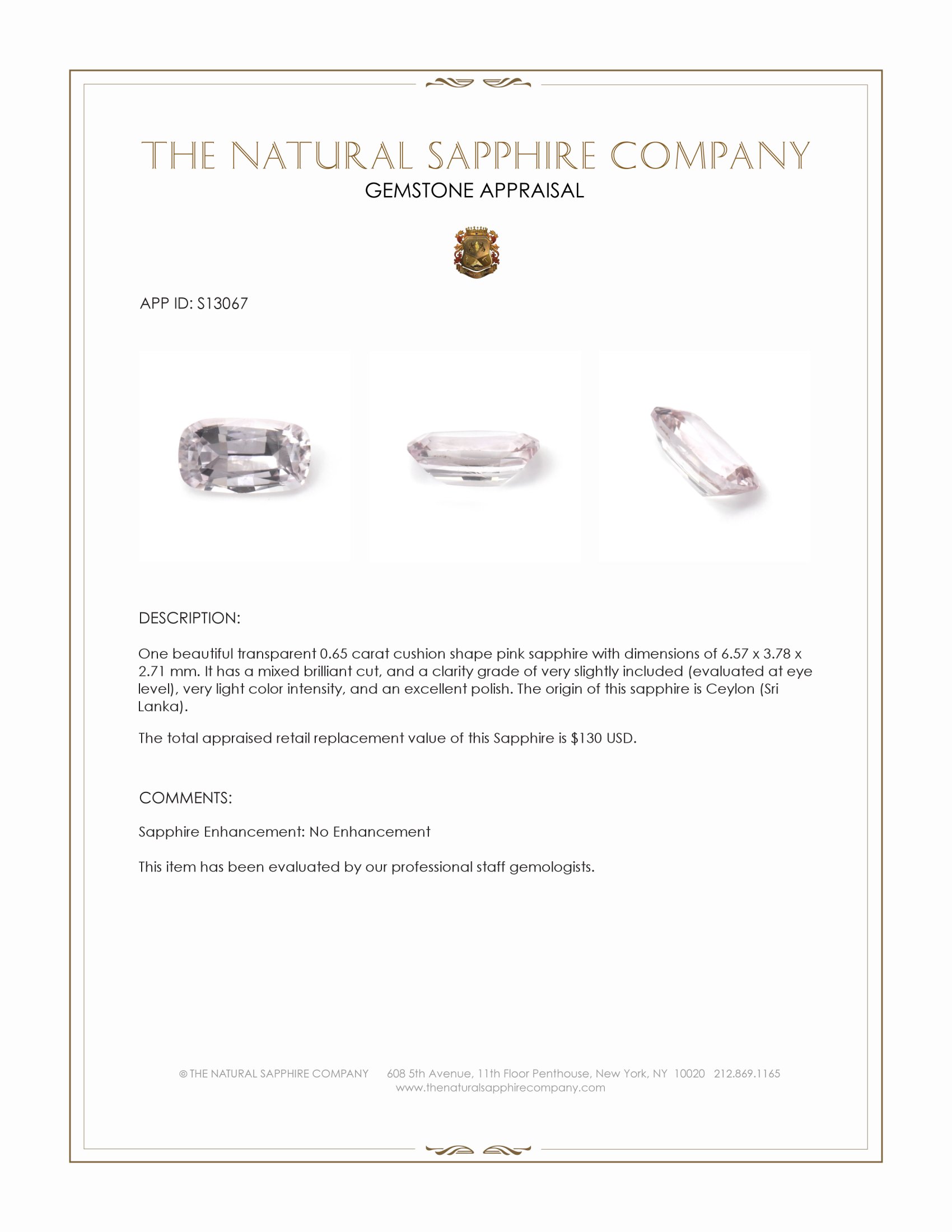 0.65 Ct. Pink Sapphire from Ceylon (Sri Lanka)