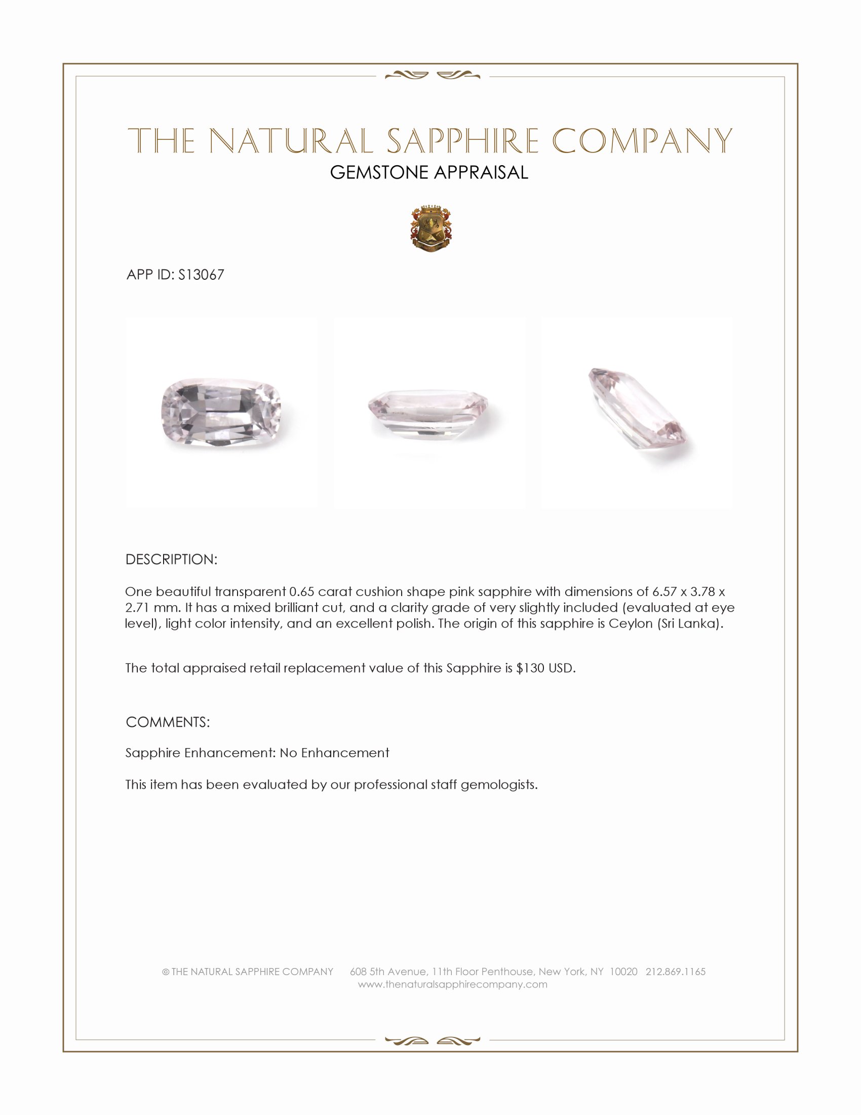 0.65 Ct. Pink Sapphire from Ceylon (Sri Lanka)
