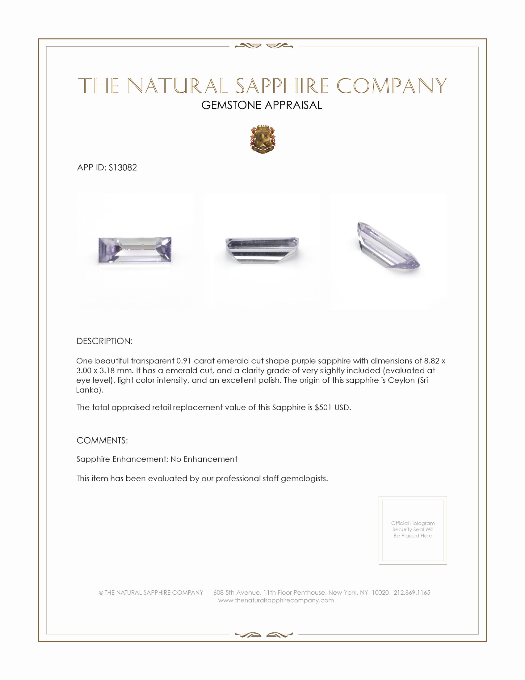 0.91 Ct. Purple Sapphire from Ceylon (Sri Lanka)