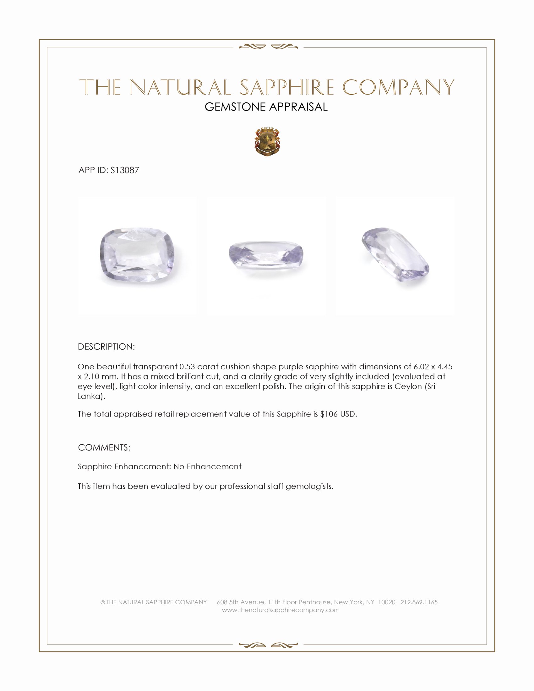 0.53 Ct. Purple Sapphire from Ceylon (Sri Lanka)