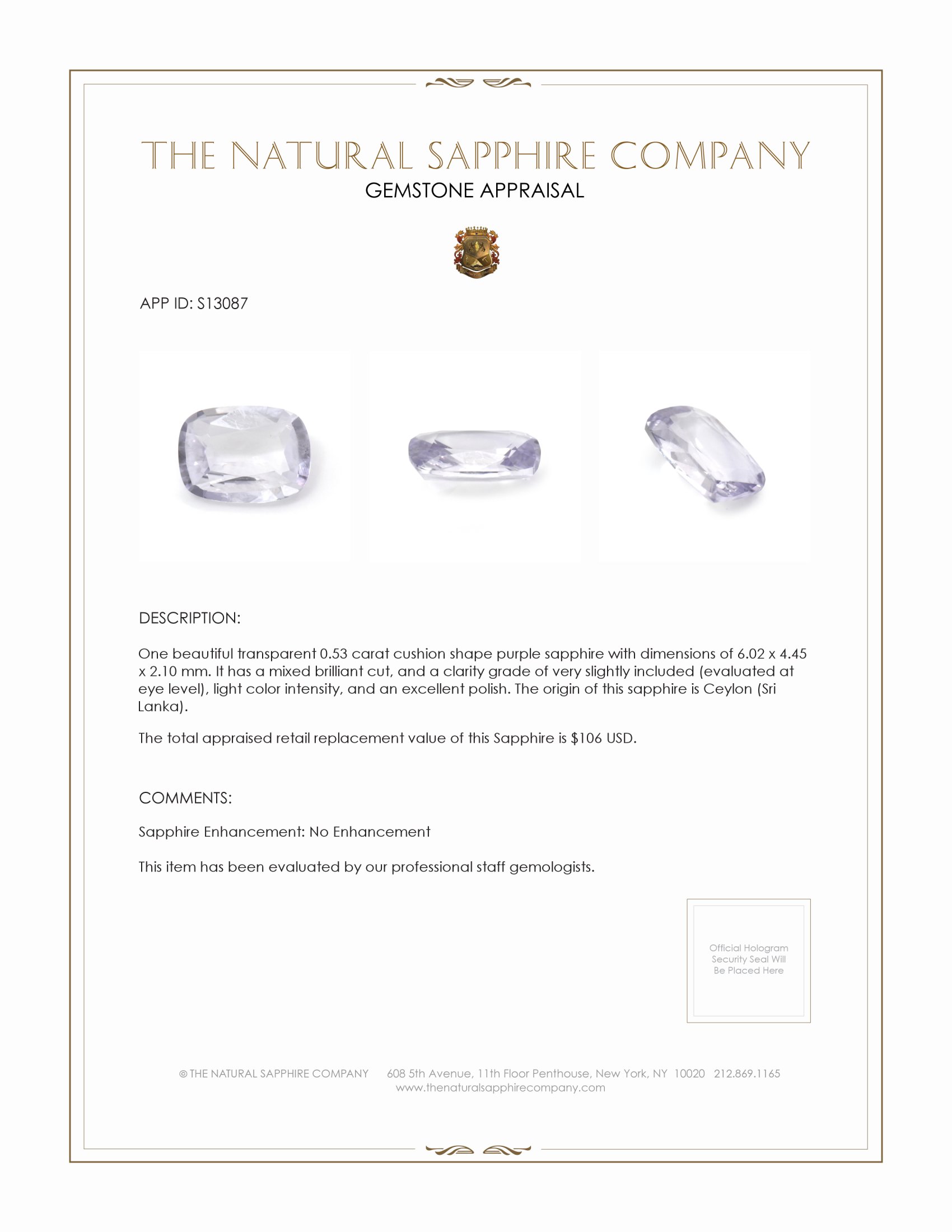 0.53 Ct. Purple Sapphire from Ceylon (Sri Lanka)