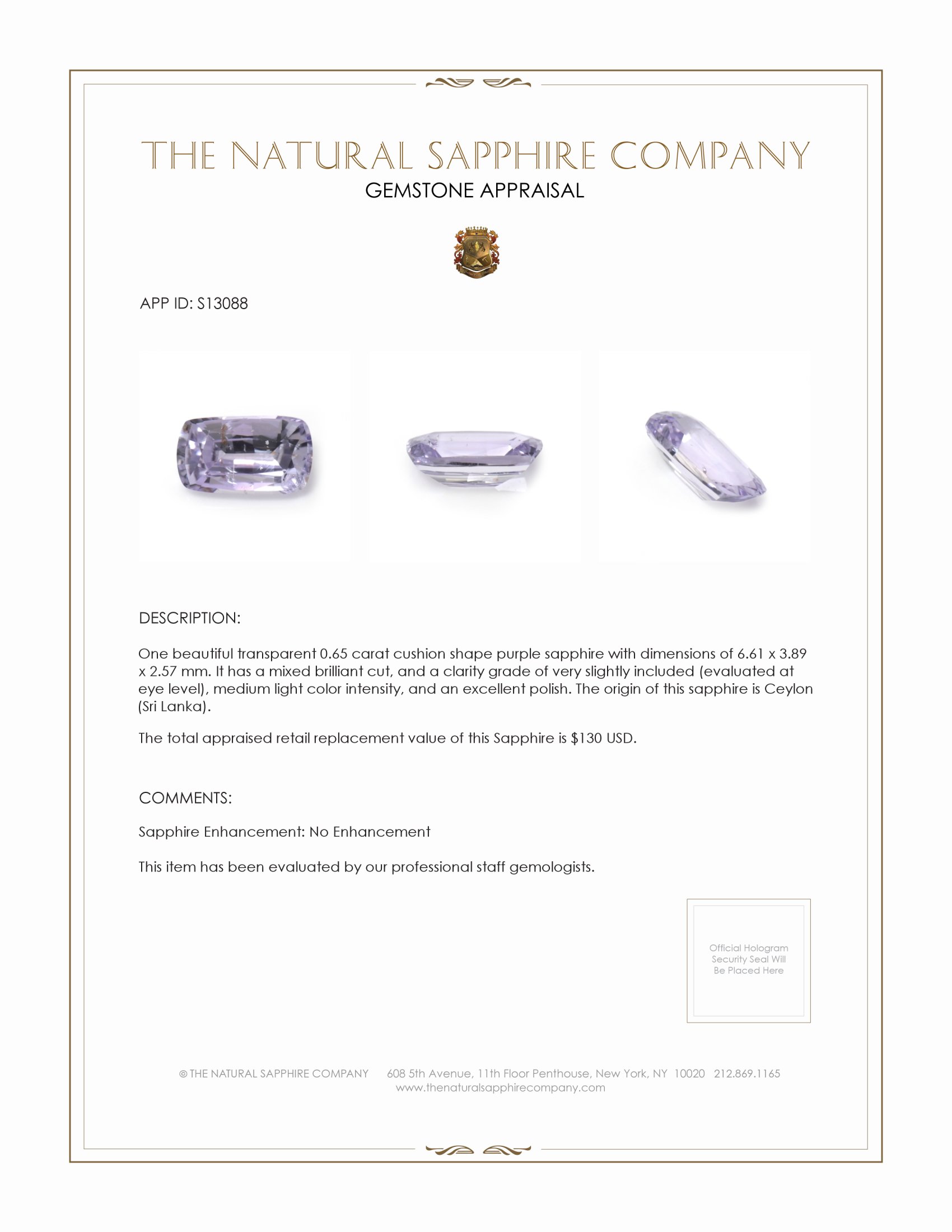 0.65 Ct. Purple Sapphire from Ceylon (Sri Lanka)
