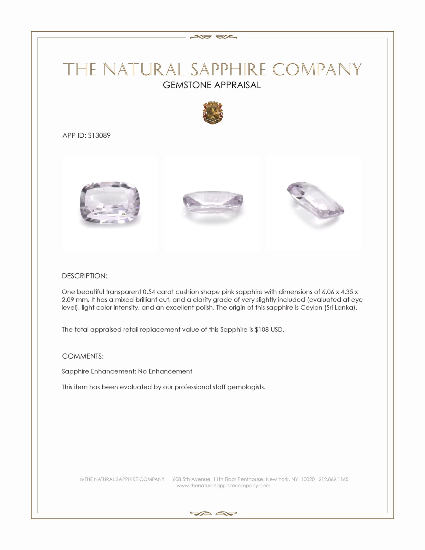 0.54 Ct. Pink Sapphire from Ceylon (Sri Lanka)