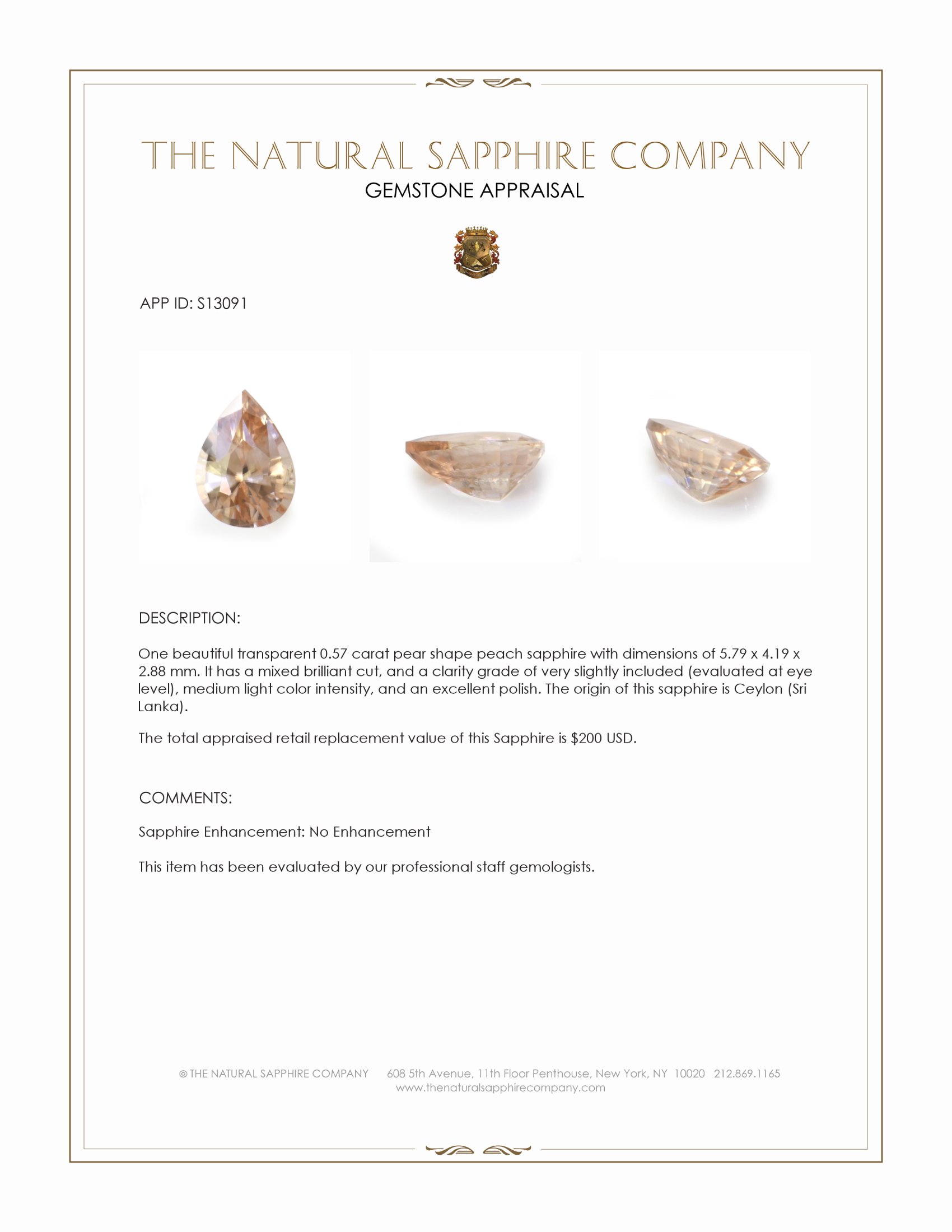 0.57 Ct. Peach Sapphire from Ceylon (Sri Lanka)