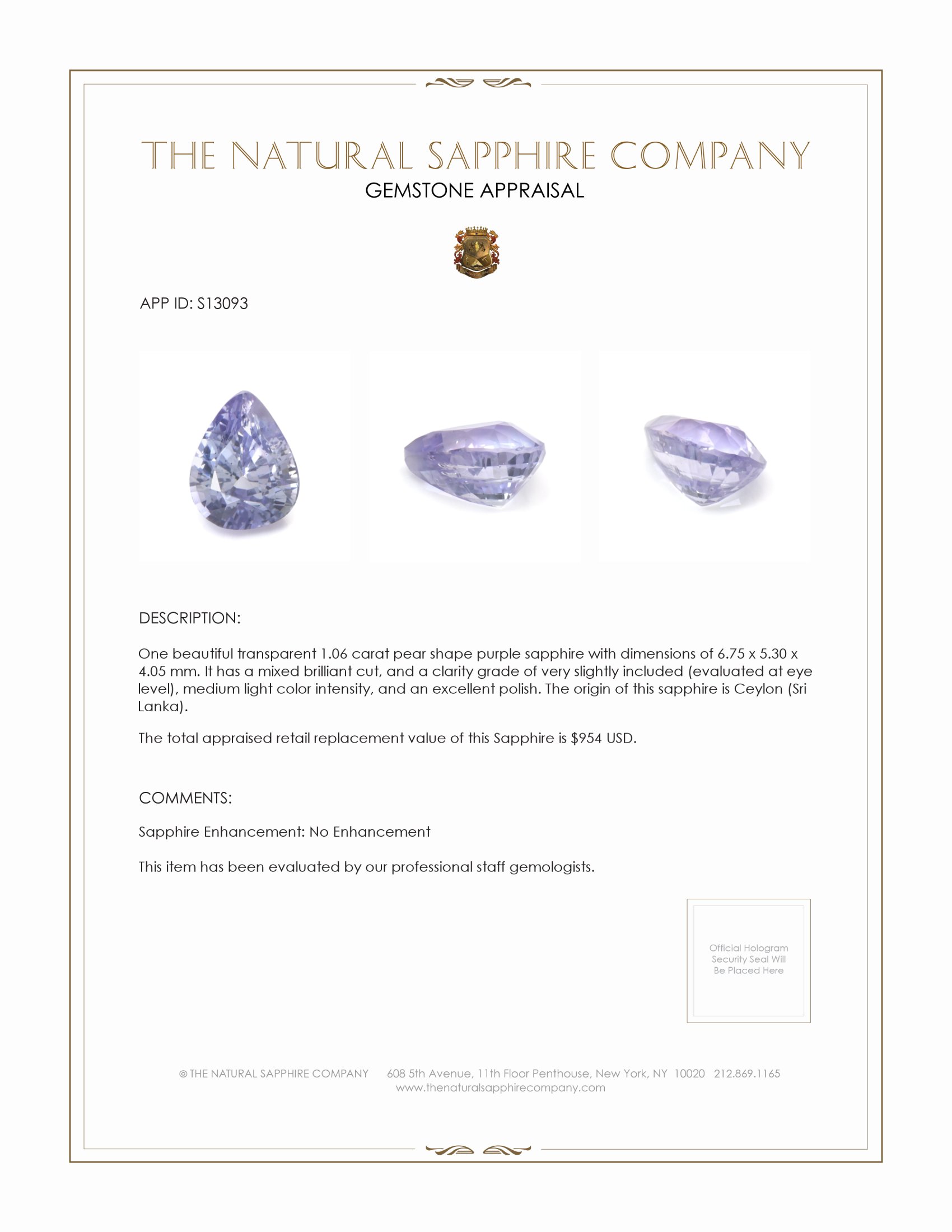 1.06 Ct. Purple Sapphire from Ceylon (Sri Lanka)