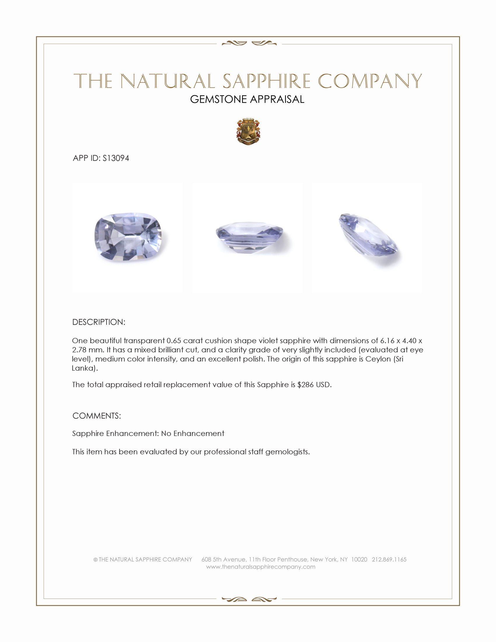 0.65 Ct. Violet Sapphire from Ceylon (Sri Lanka)