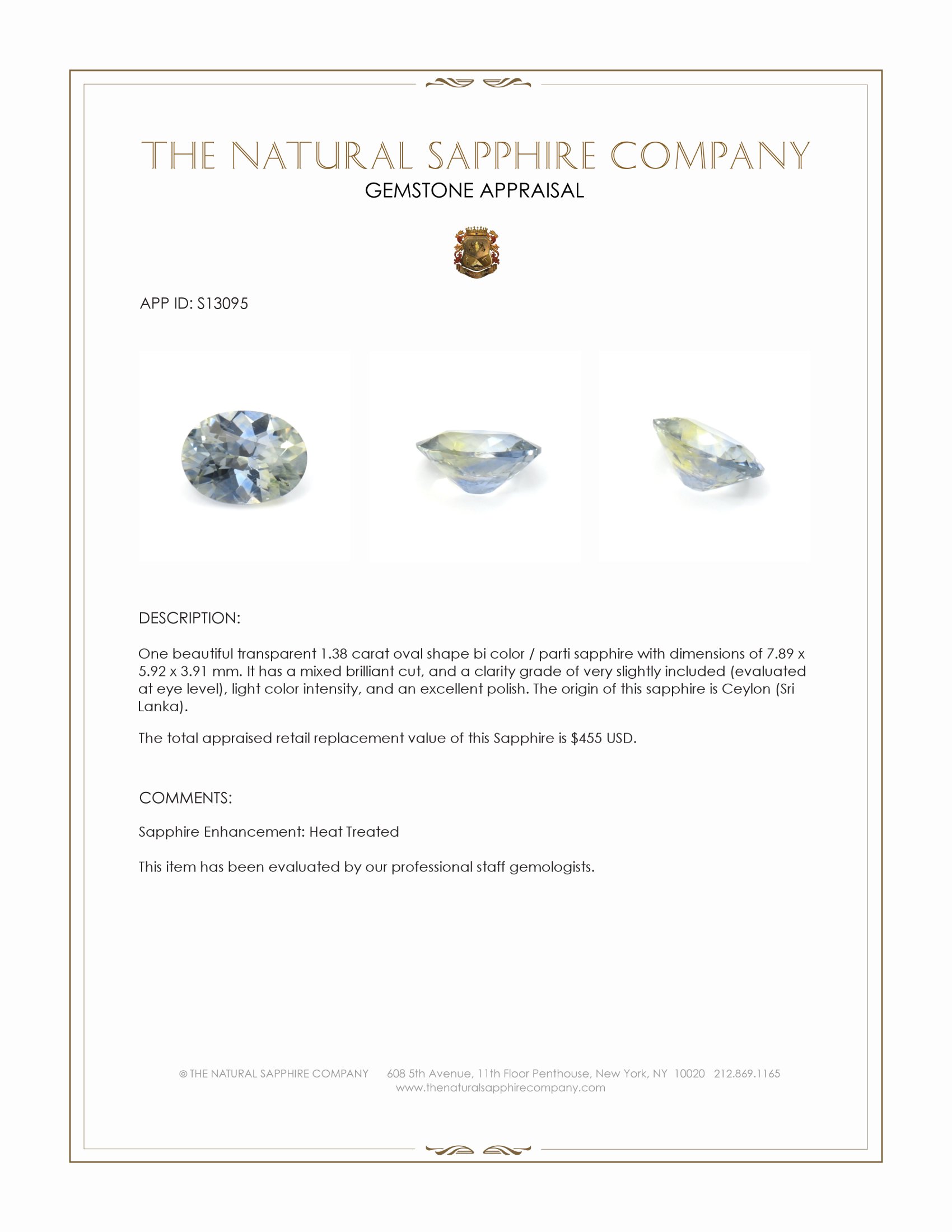 1.38 Ct. Bi Color / Parti Sapphire from Ceylon (Sri Lanka)