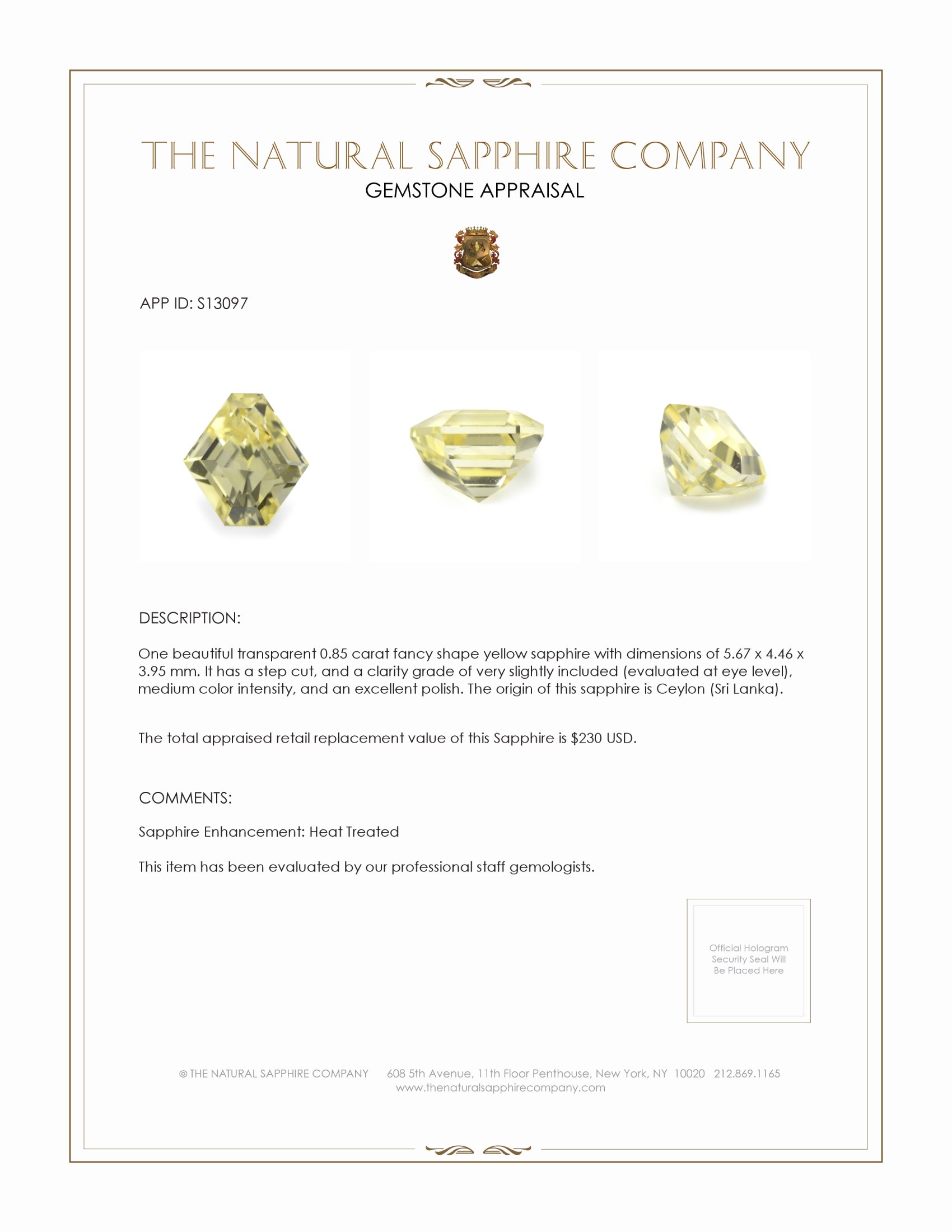 0.85 Ct. Yellow Sapphire from Ceylon (Sri Lanka)