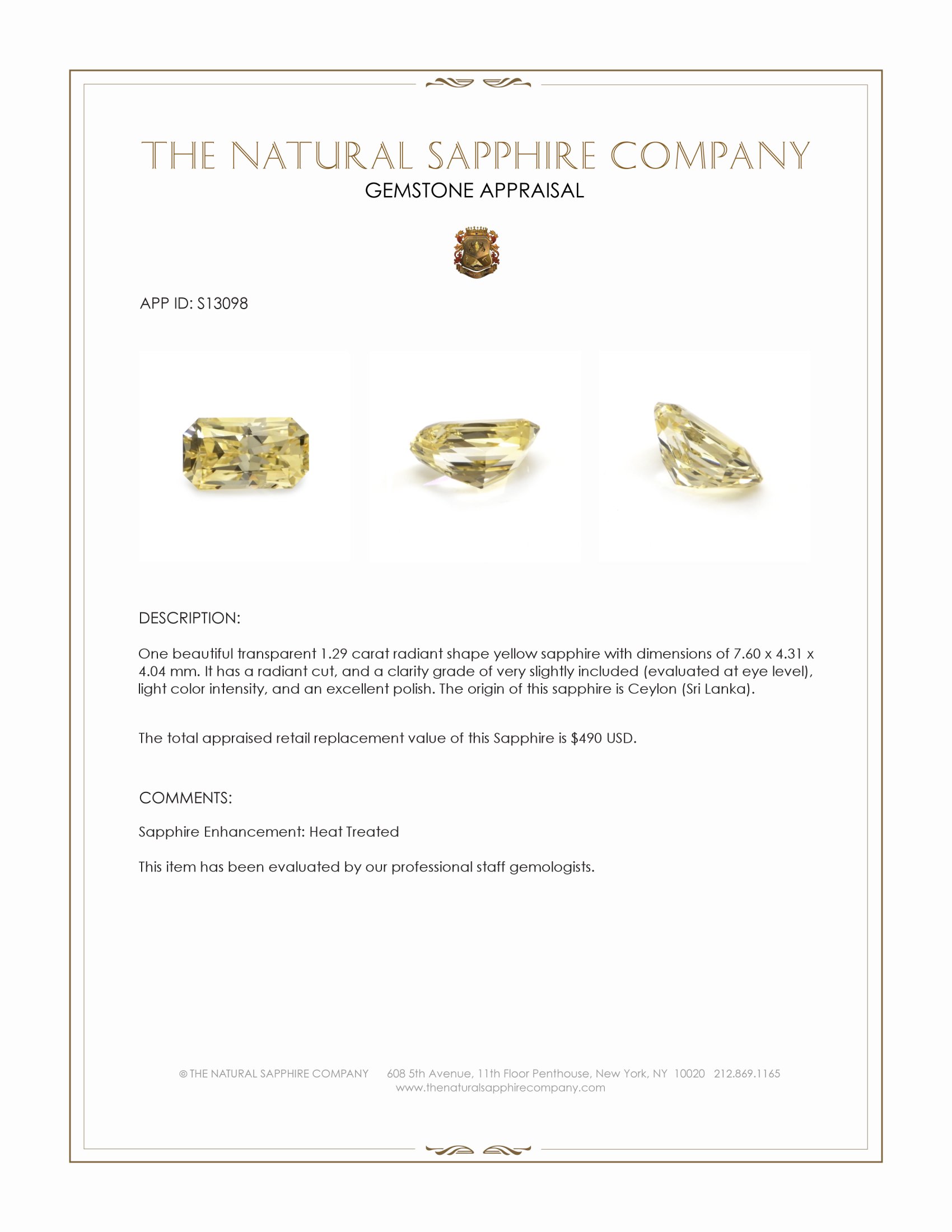 1.29 Ct. Yellow Sapphire from Ceylon (Sri Lanka)