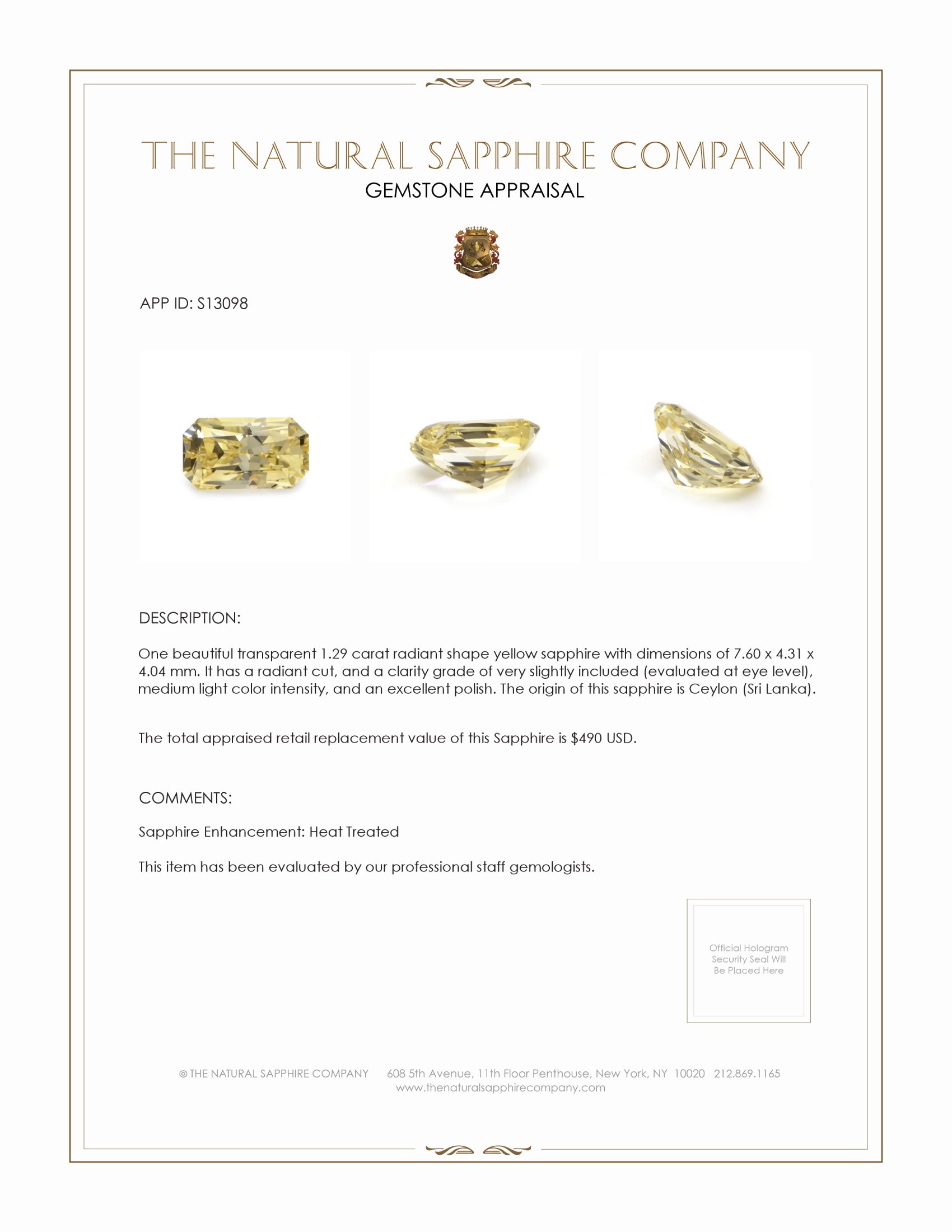 1.29 Ct. Yellow Sapphire from Ceylon (Sri Lanka)