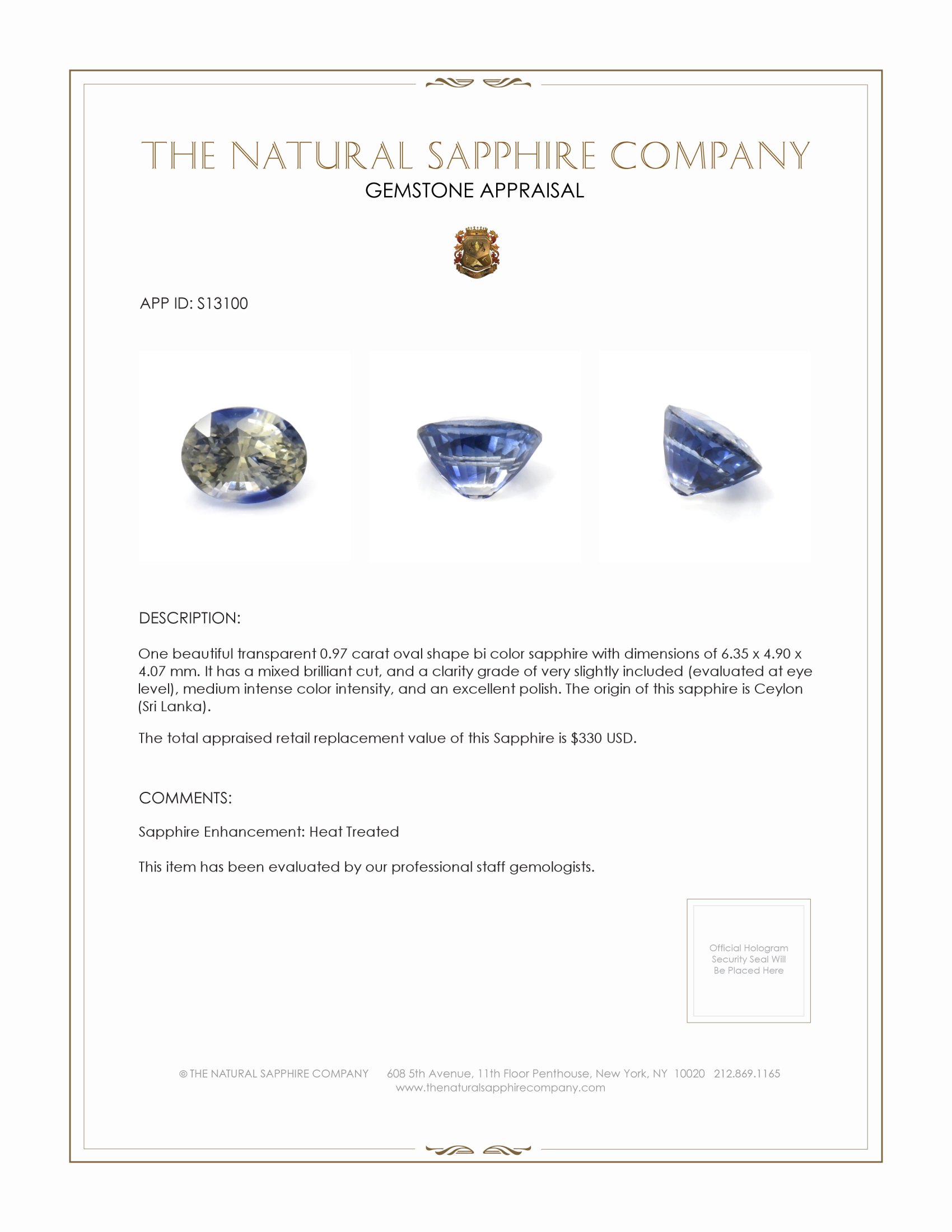 0.97 Ct. Bi Color Sapphire from Ceylon (Sri Lanka)