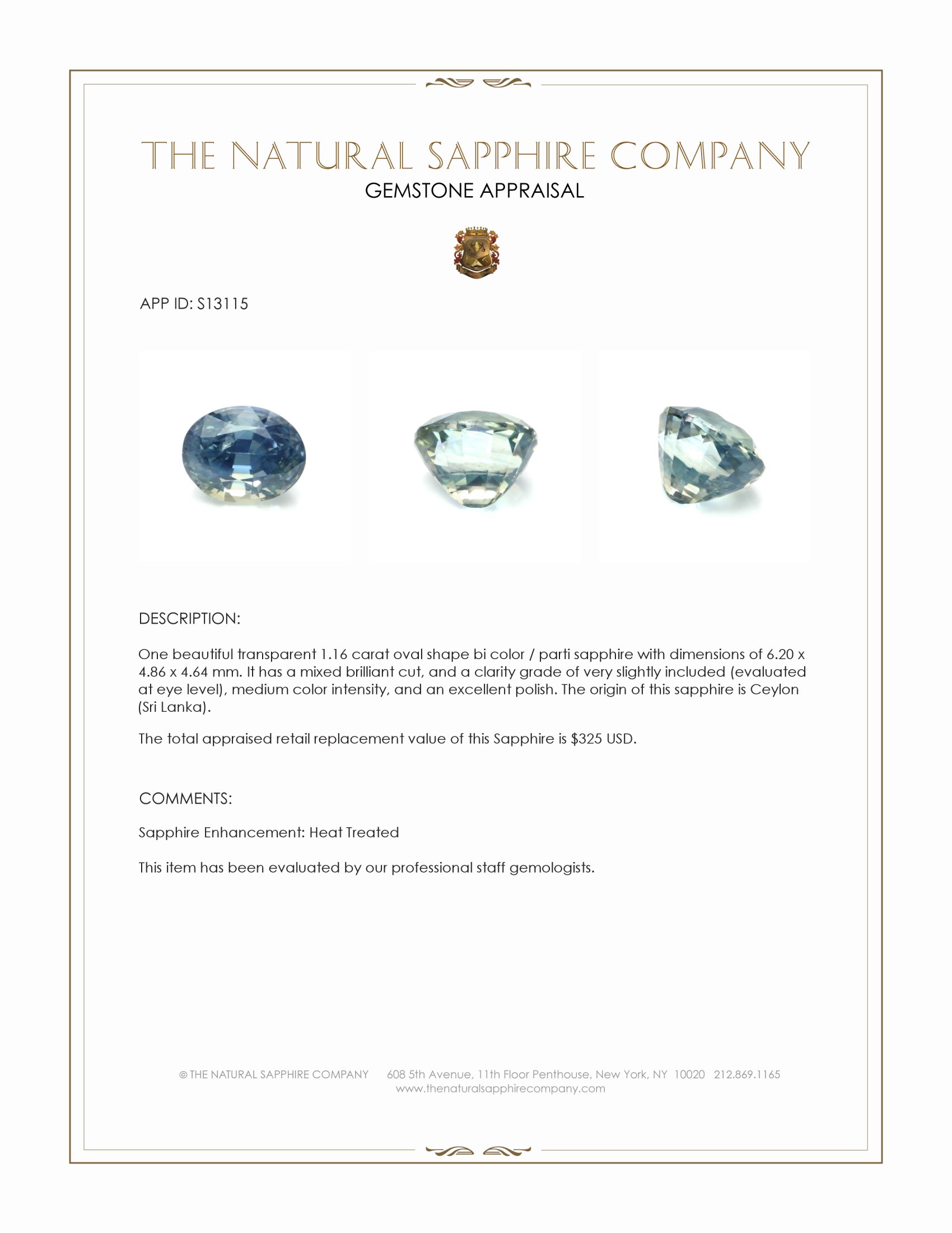 1.16 Ct. Bi Color / Parti Sapphire from Ceylon (Sri Lanka)